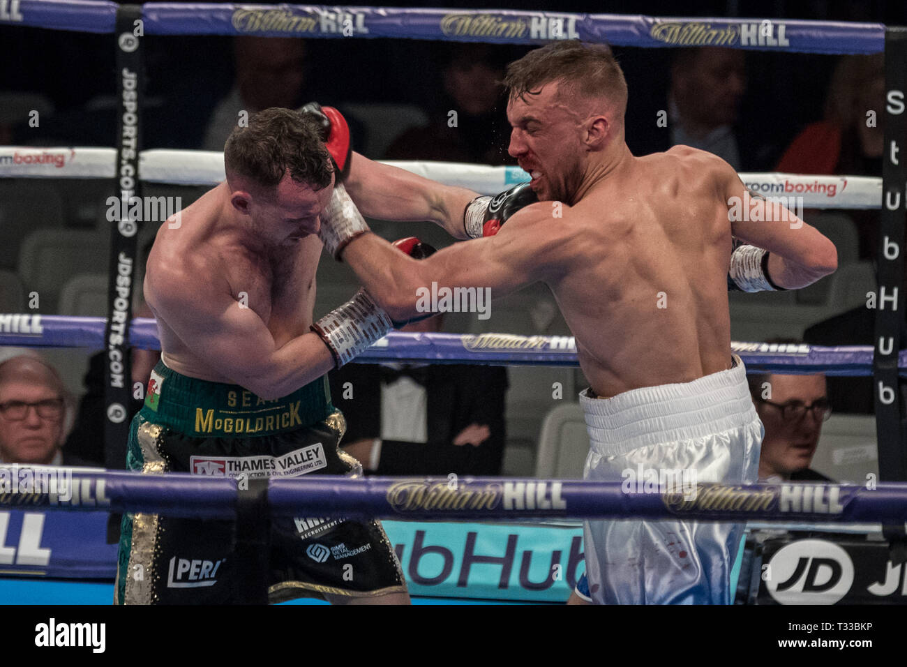 Sean McGoldrick vs Sean Cairns. McGoldrick wins the Bantamweight fight 59-56 on points at the Copper Box Arena. Stock Photo