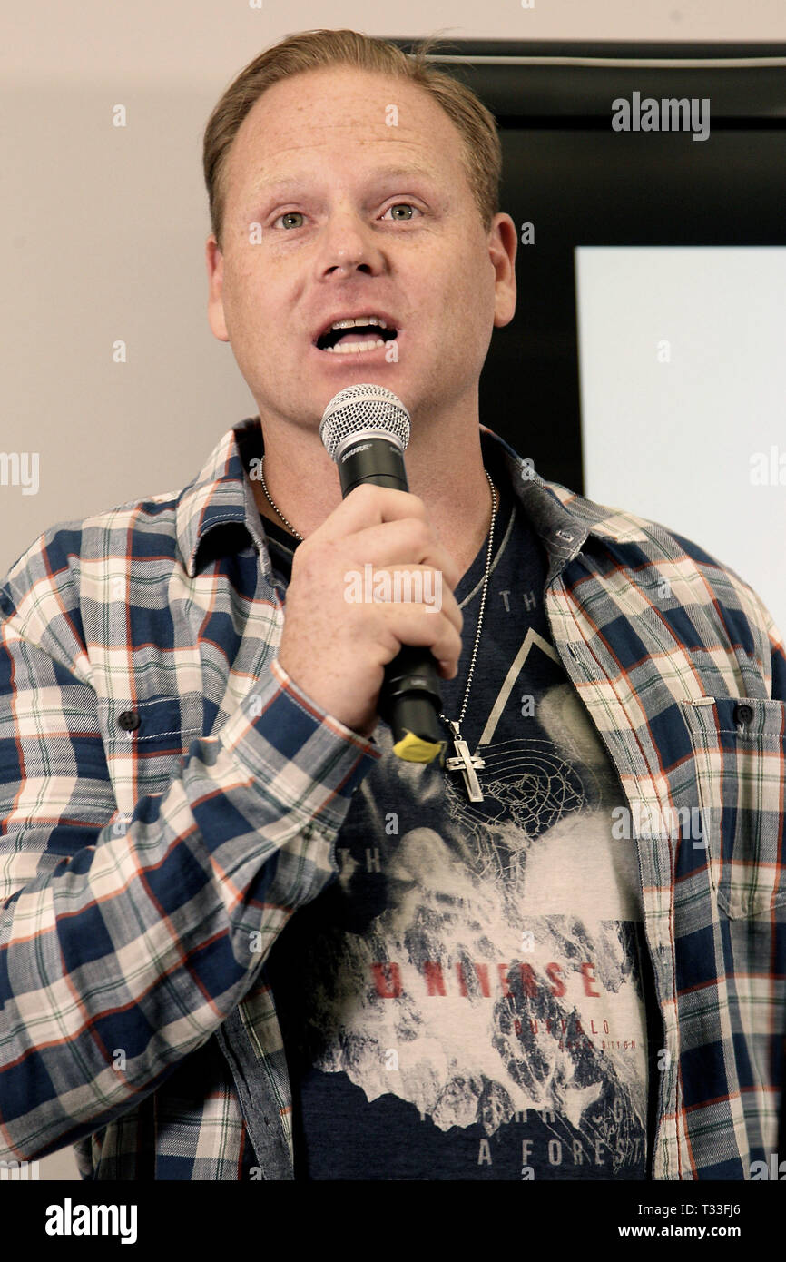 New York, NY - April 13: Nik Wallenda, speaks at a press conference where he revealed his next feat will take place on April 29, 2015 at the soon-to-be-unveiled Orlando Eye, located in Orlando, Florida.. Wallenda will attempt to walk on top of the giant observation wheel without a tether and without a wire while it is moving. Standing 400 feet tall, the Orlando Eye forms part of the I-Drive 360 entertainment complex, which celebrates its grand opening this month and is located in the heart of OrlandoÔs newly revitalized International ÔI-DriveÔ District. The press conference took place on Apri Stock Photo