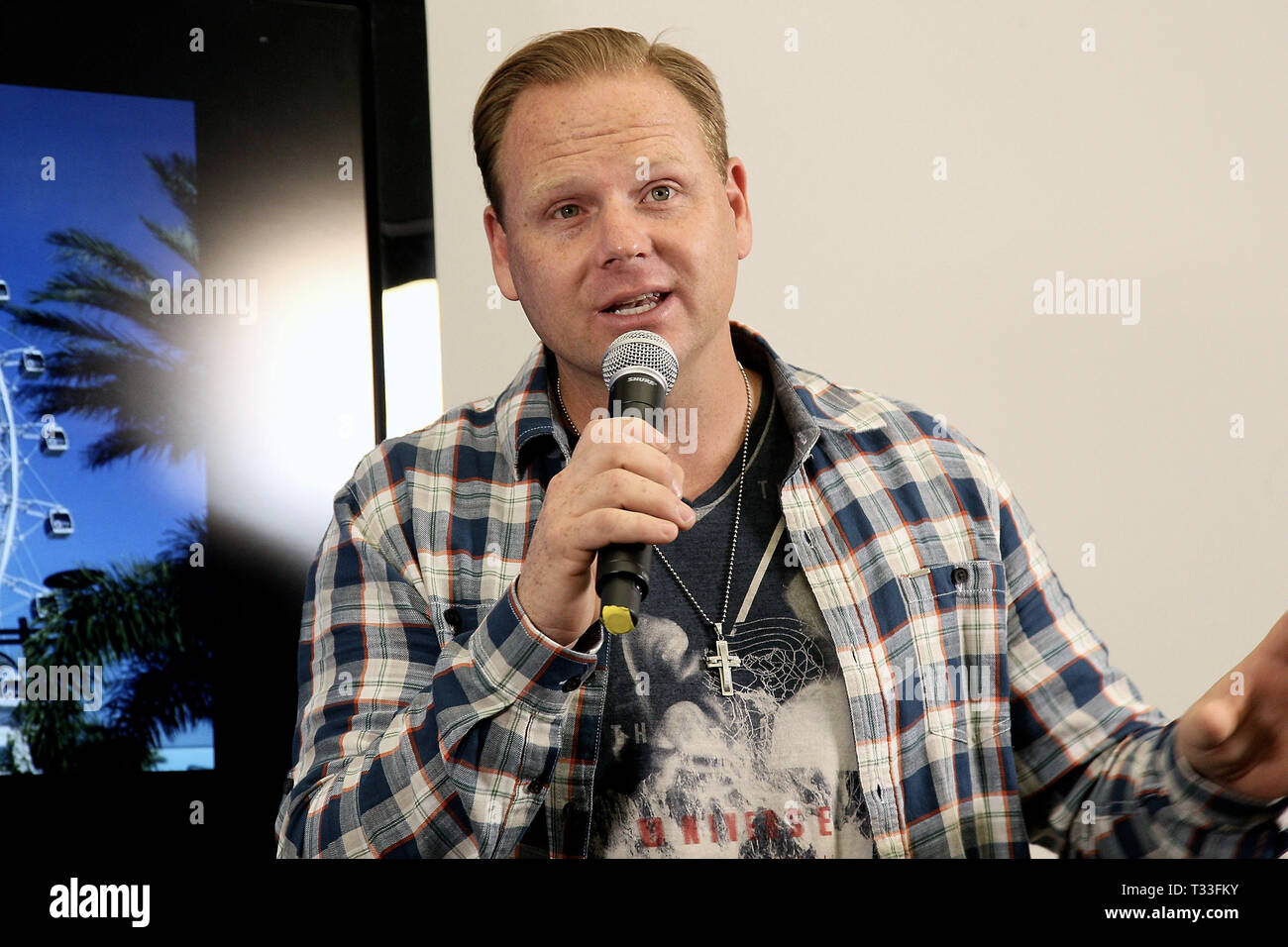 New York, NY - April 13: Nik Wallenda, speaks at a press conference where he revealed his next feat will take place on April 29, 2015 at the soon-to-be-unveiled Orlando Eye, located in Orlando, Florida.. Wallenda will attempt to walk on top of the giant observation wheel without a tether and without a wire while it is moving. Standing 400 feet tall, the Orlando Eye forms part of the I-Drive 360 entertainment complex, which celebrates its grand opening this month and is located in the heart of OrlandoÔs newly revitalized International ÔI-DriveÔ District. The press conference took place on Apri Stock Photo