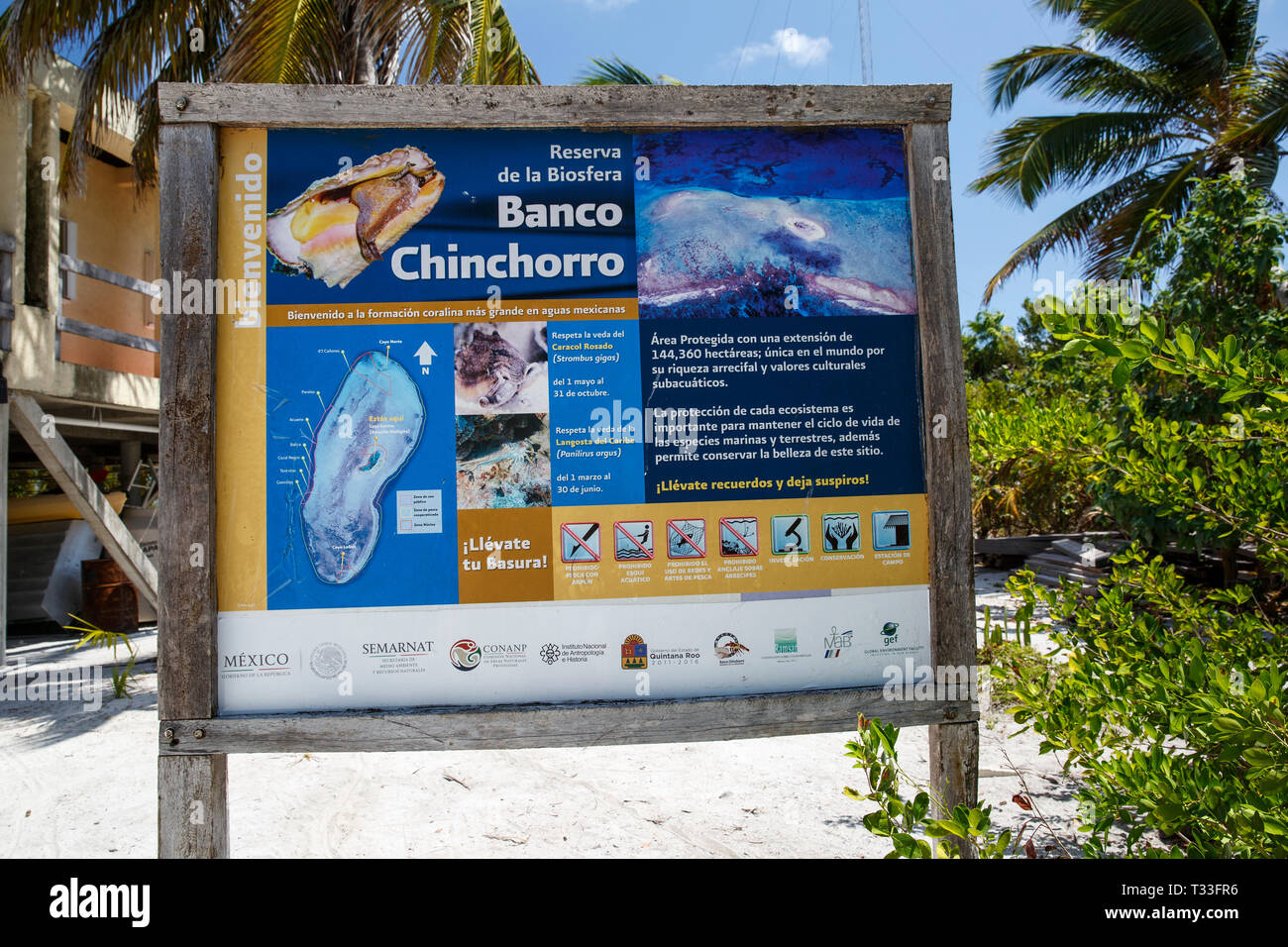 Welcome Sign at Chinchorro Banks, Banco Chinchorro, Caribbean Sea, Mexico Stock Photo