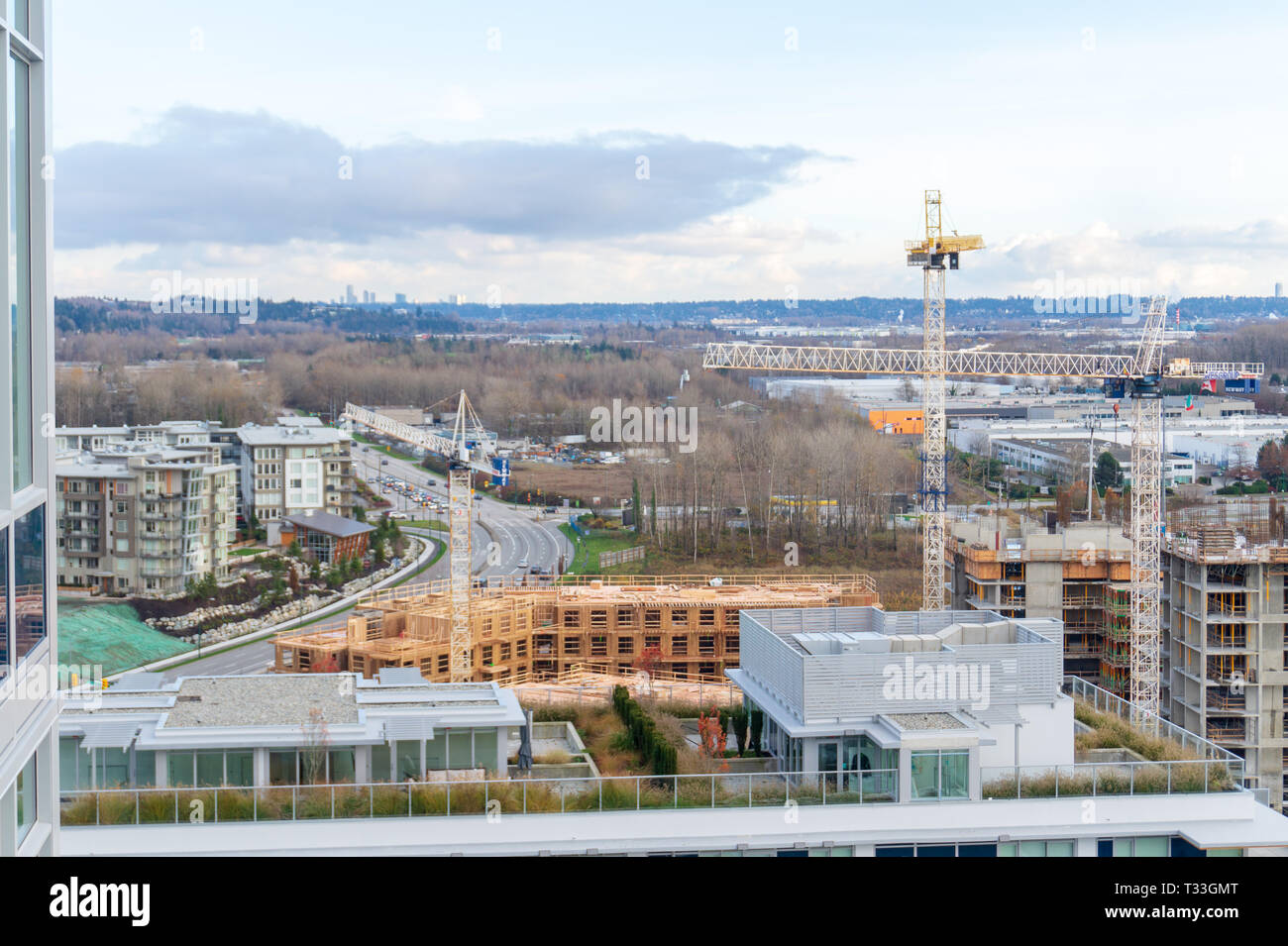 Aerial top view of the River District apartment housing developments