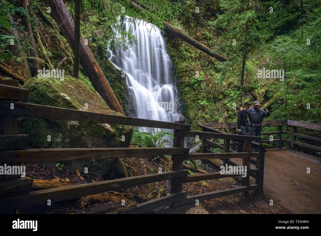 Berry Creek Falls and Posing Tourists on Observation Deck Big Basin