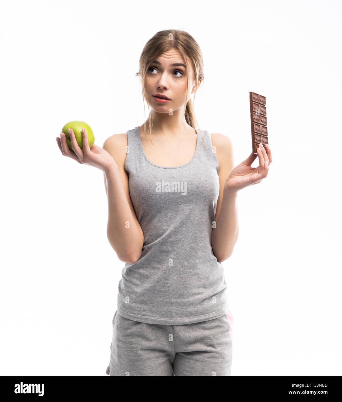 Diet Dieting Concept Healthy Food Beautiful Young Woman Choosing Between Healthy And