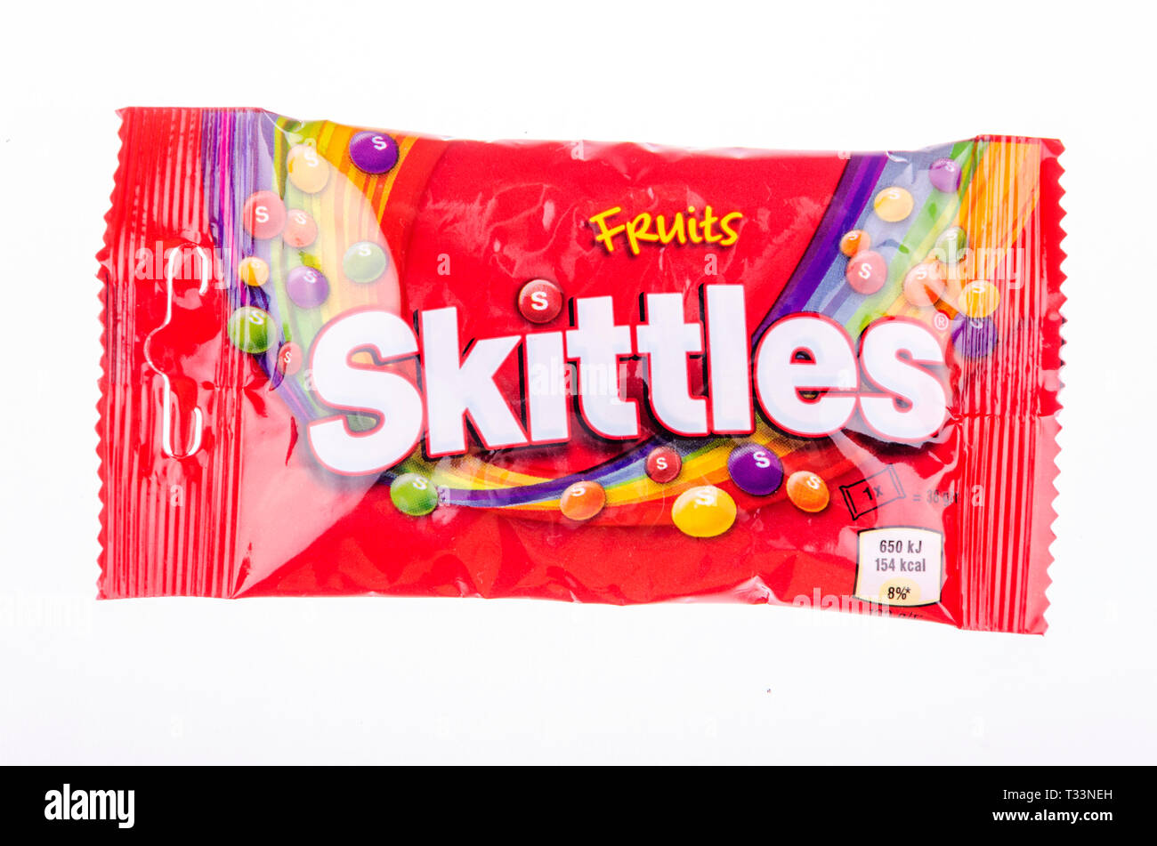 Skittles fruitflavoured candies isolated on white background Stock