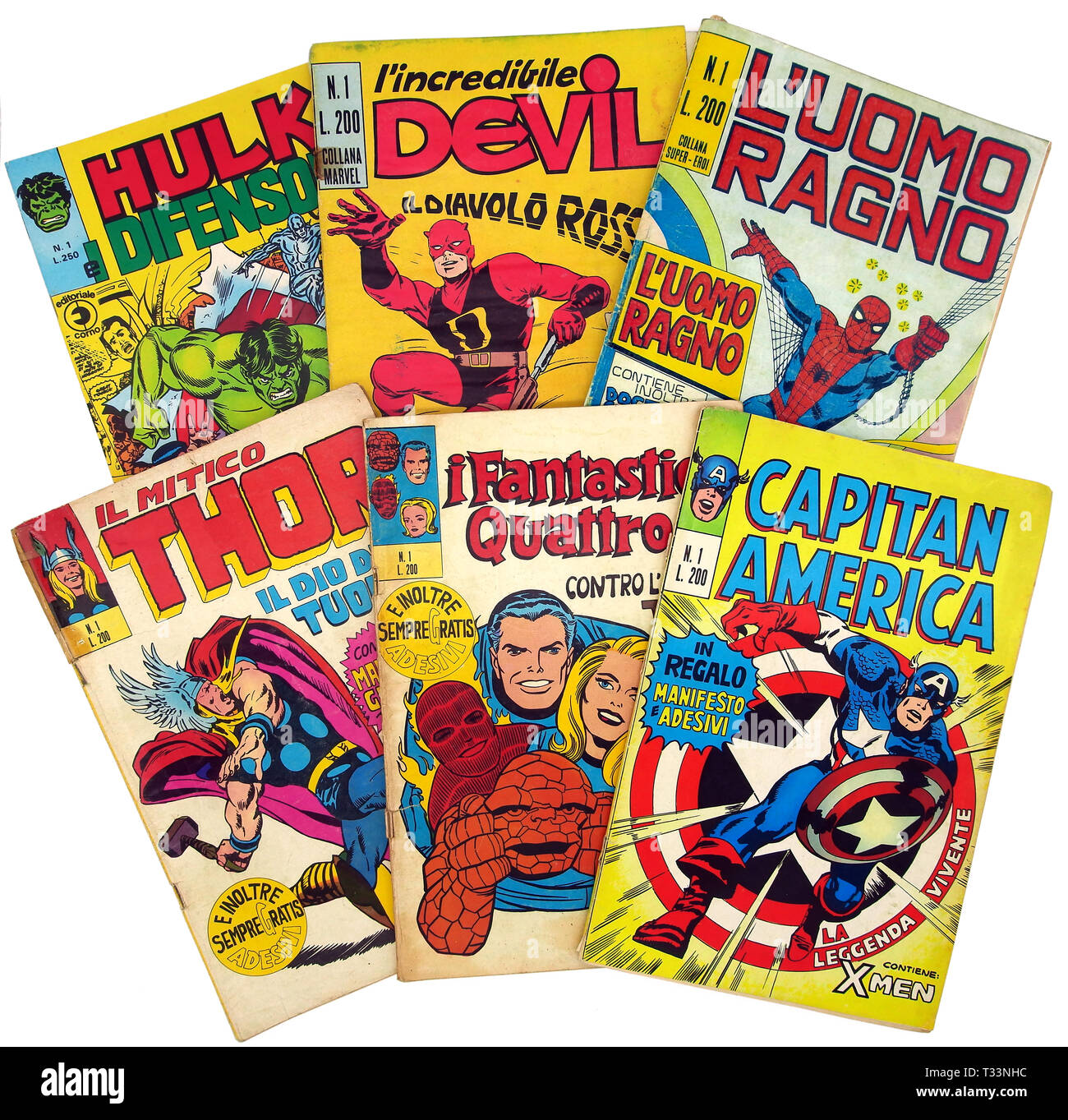 Italy - 1970-1973: first edition of Marvel comic books, cover of Hulk, Daredevil, Spider-Man, Thor, Fantastic 4, Captain America Stock Photo