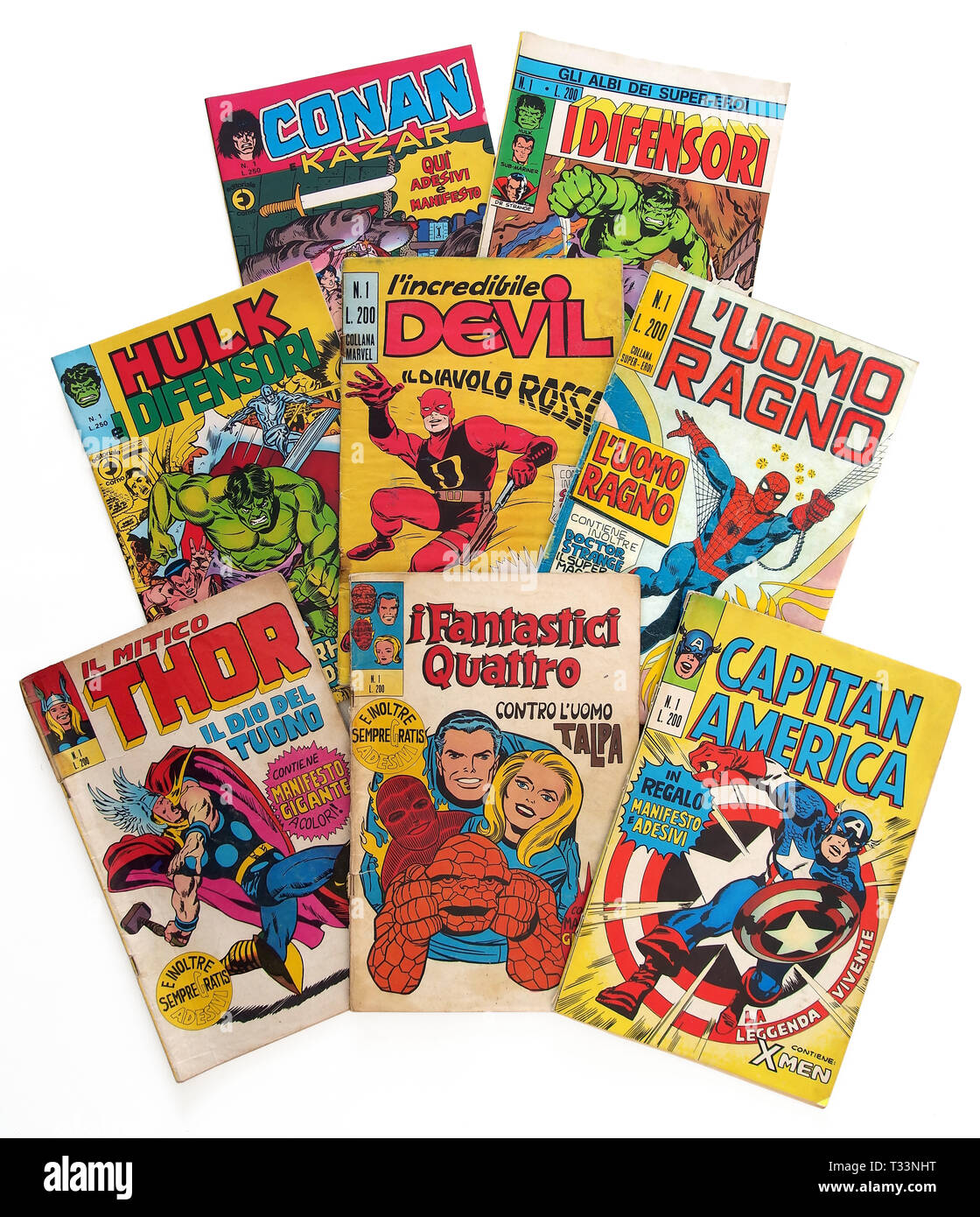 Italy - 1970-1975: first edition of Marvel comic books, cover of Hulk, Daredevil, Spider-Man, Thor, Fantastic 4, Captain America, Conan, Defenders Stock Photo