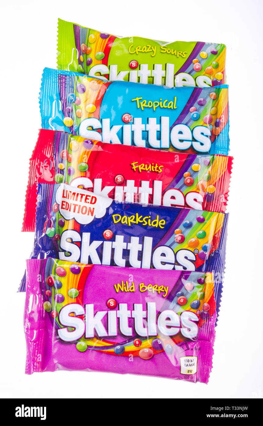 Skittles fruitflavoured candies isolated on white background Stock