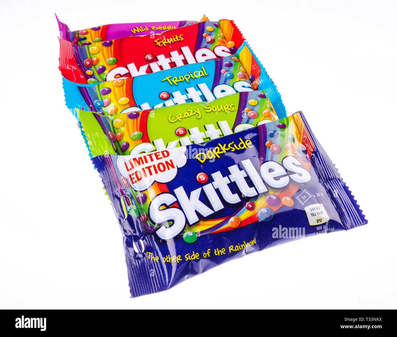 Skittles fruitflavoured candies isolated on white background Stock