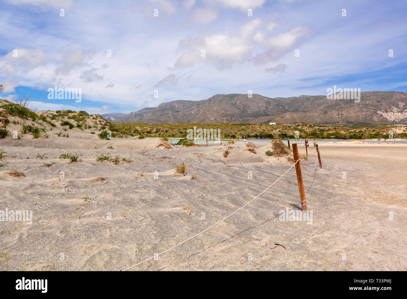 Scenery of desert at the reserve zone with sand dunes on Elafonisi beach, Crete island, Greece