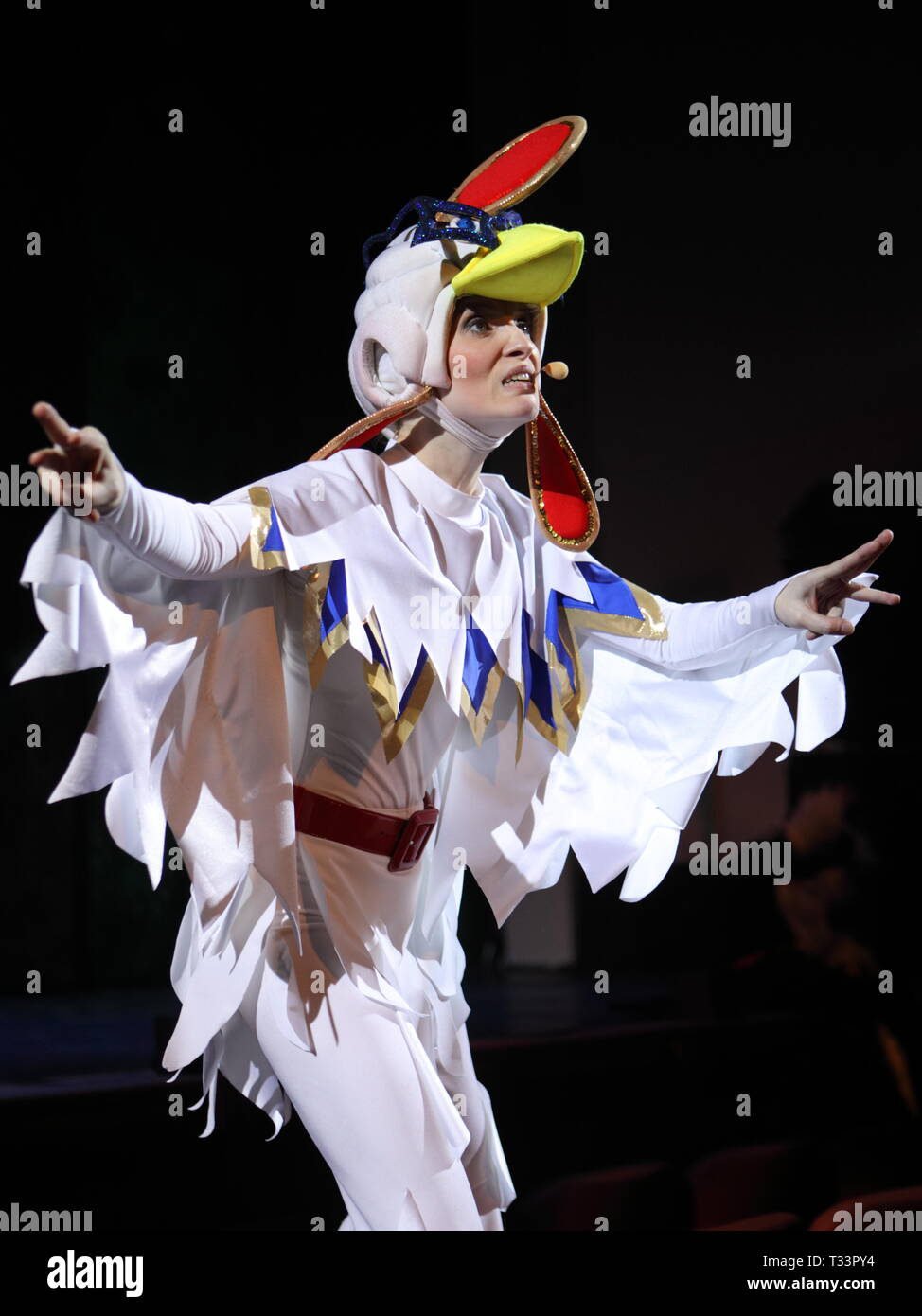 St. Petersburg, Russia - March 25, 2019: Julia Asorgina as Rooster in the musical Town Musicians of Bremen during its press preview in Saint-Petersbur Stock Photo