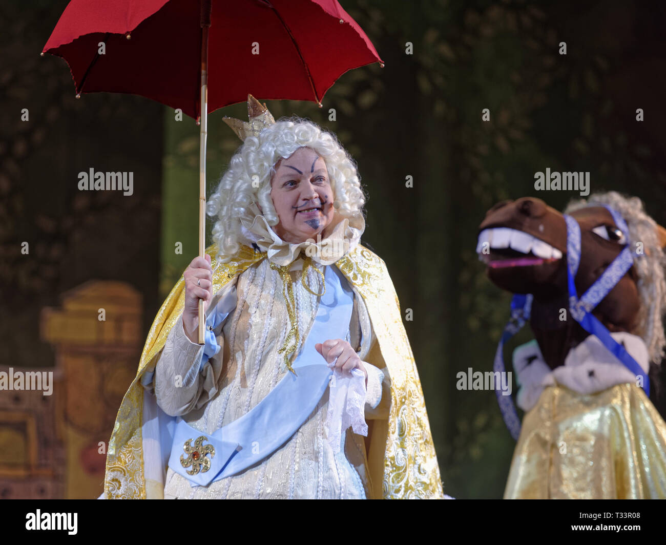 St. Petersburg, Russia - March 25, 2019: Oleg Kulikovich as King in the musical Town Musicians of Bremen during its press preview in Saint-Petersburg  Stock Photo