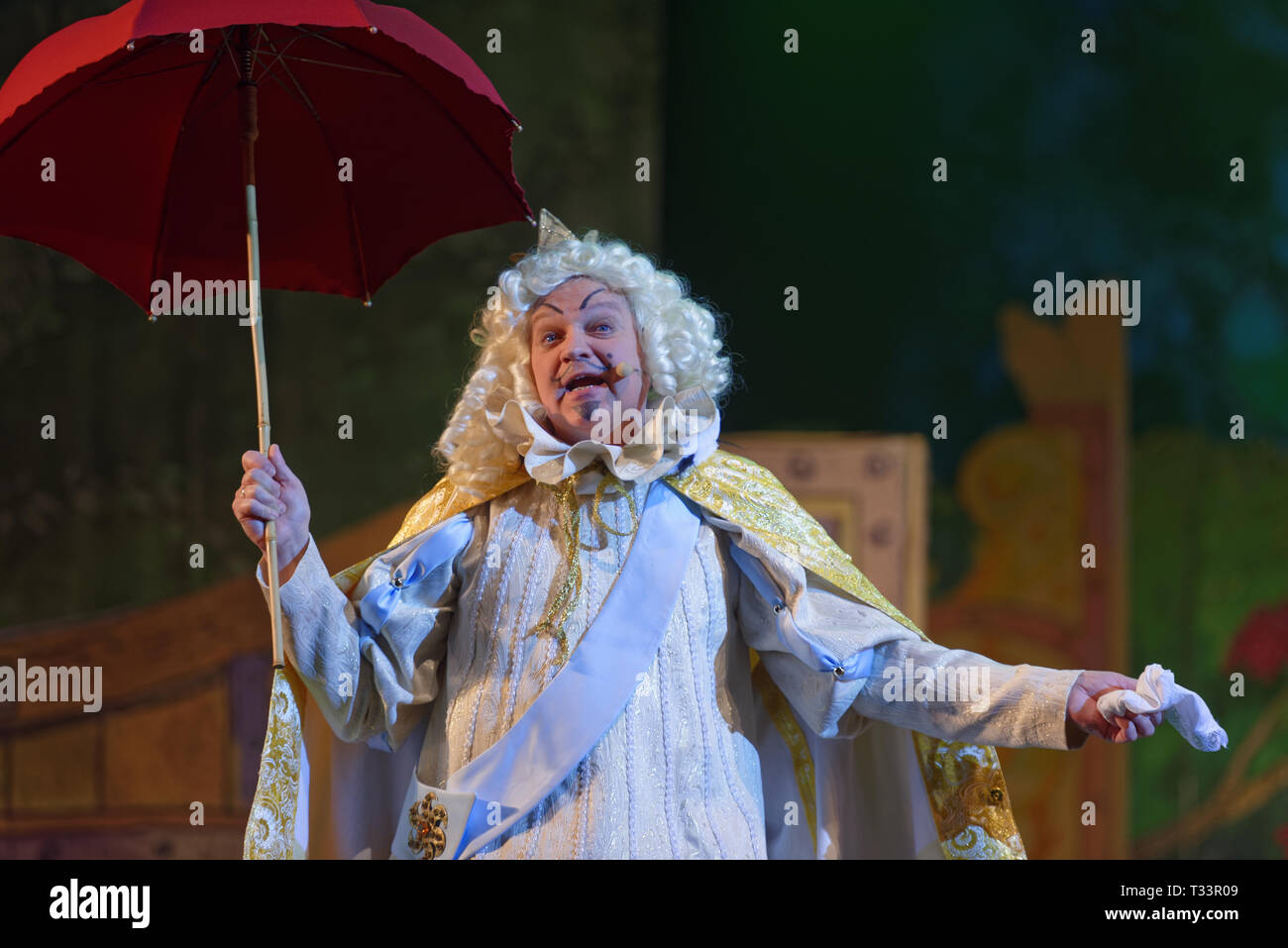 St. Petersburg, Russia - March 25, 2019: Oleg Kulikovich as King in the musical Town Musicians of Bremen during its press preview in Saint-Petersburg  Stock Photo
