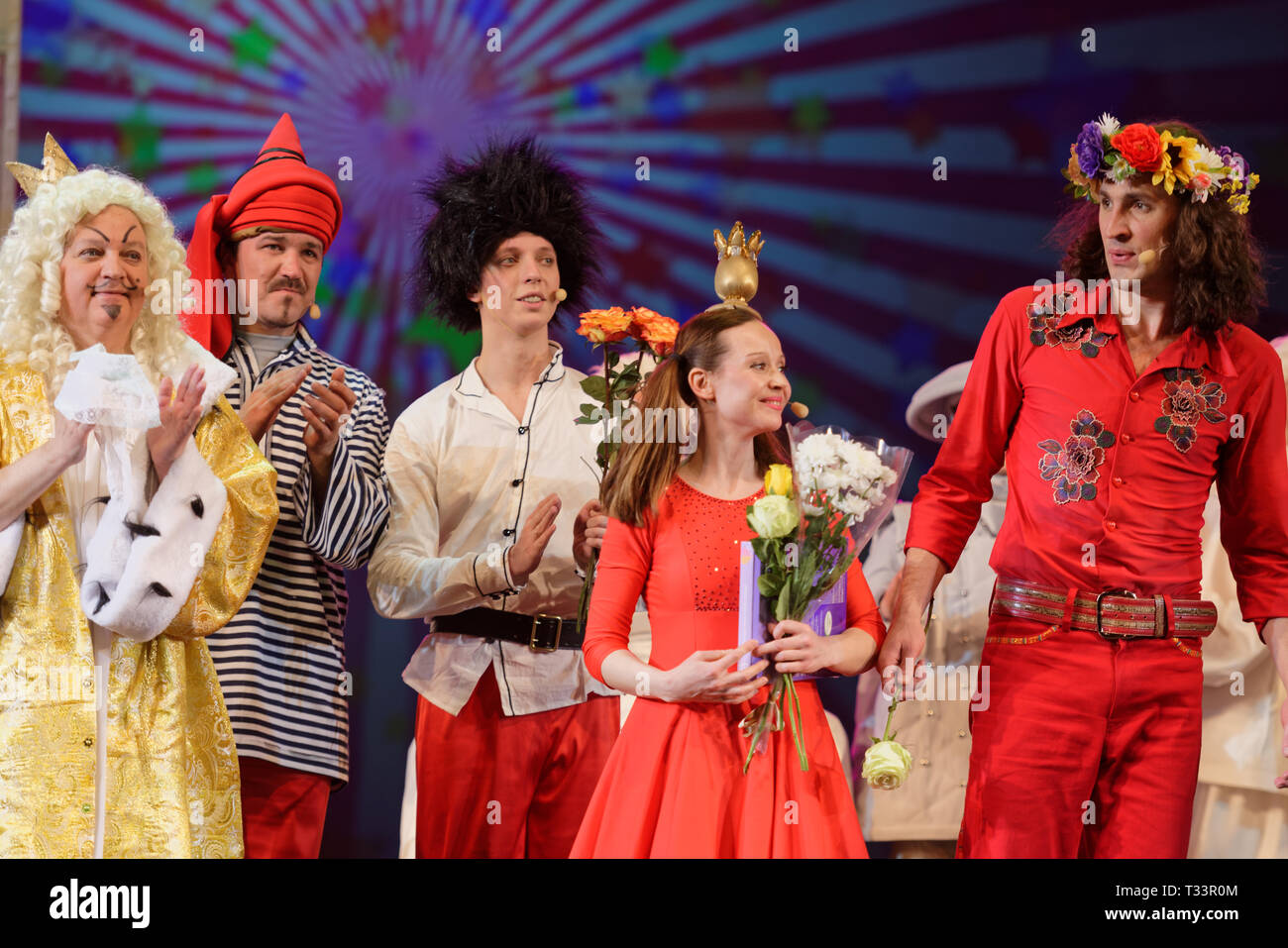 St. Petersburg, Russia - March 25, 2019: Actors bowing after the press preview of the musical Town Musicians of Bremen in Saint-Petersburg theater Mus Stock Photo