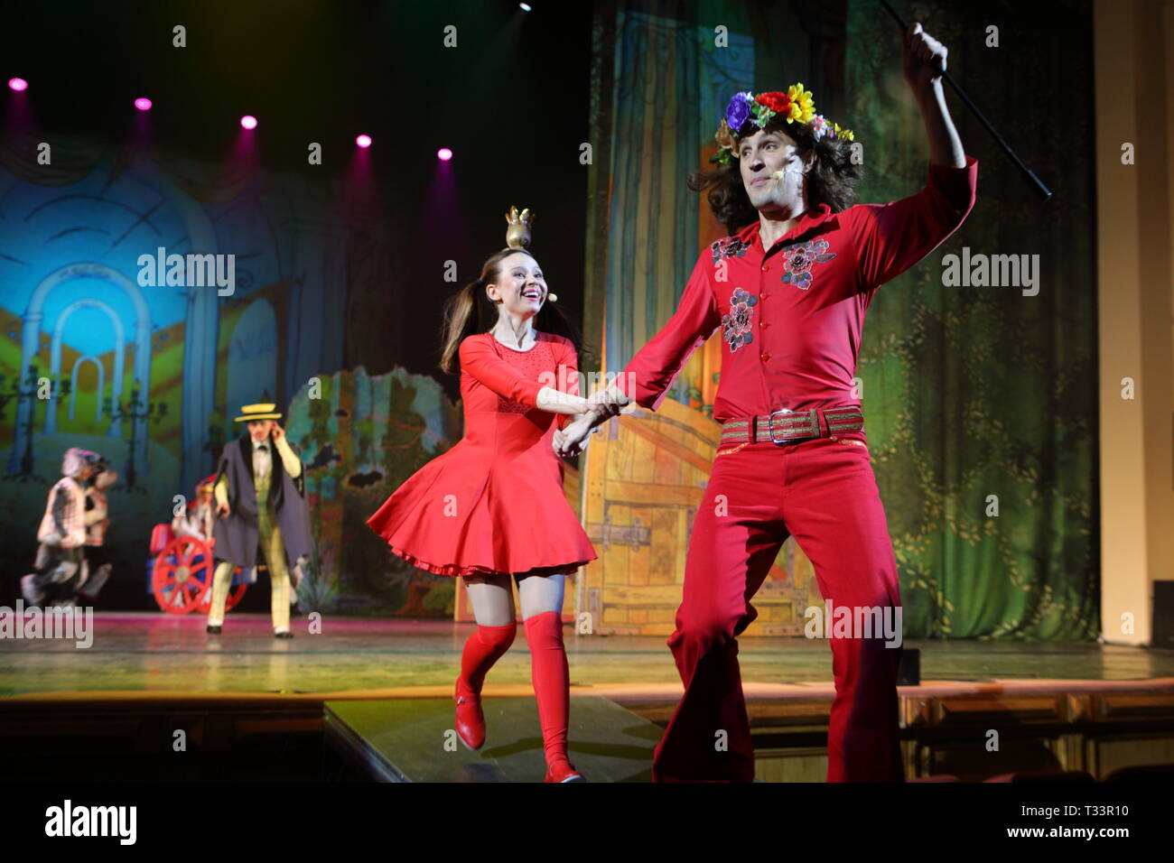 St. Petersburg, Russia - March 25, 2019: Alexander Chernyshev (right) as Troubadour and Julia Korovko as Princess in the musical Town Musicians of Bre Stock Photo