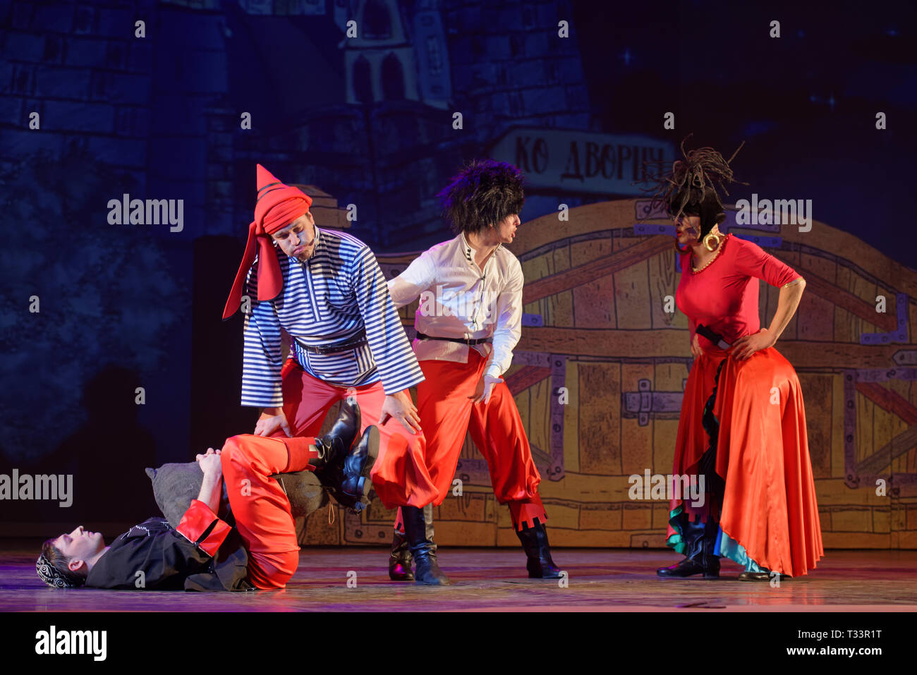 St. Petersburg, Russia - March 25, 2019: Actors perform Robbers in the musical Town Musicians of Bremen during its press preview in Saint-Petersburg t Stock Photo