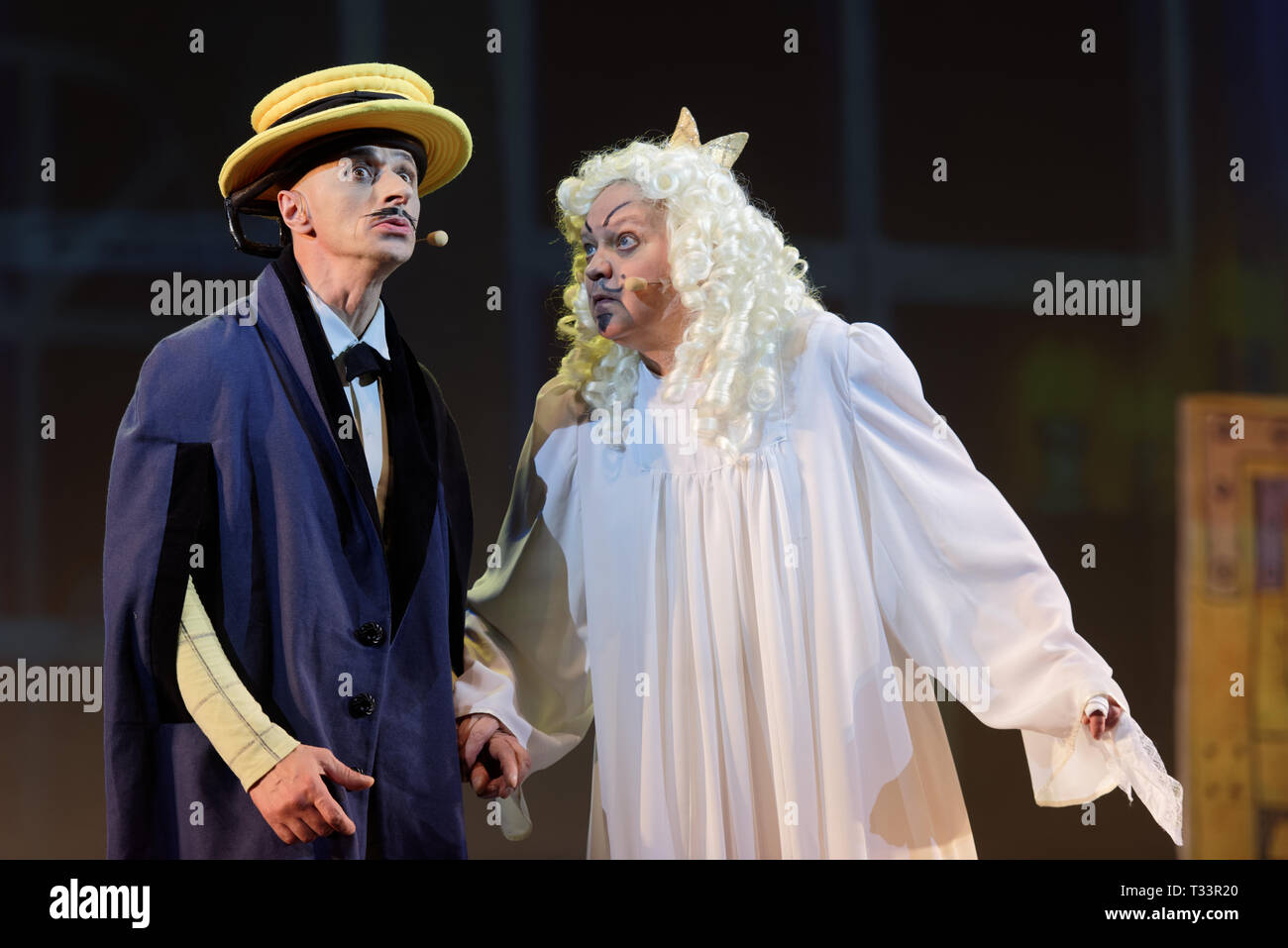 St. Petersburg, Russia - March 25, 2019: Oleg Kulikovich (right) as King and Igor Mosyuk as Detective in the musical Town Musicians of Bremen during i Stock Photo