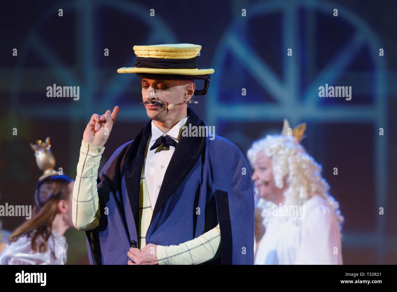 St. Petersburg, Russia - March 25, 2019: Igor Mosyuk as Detective in the musical Town Musicians of Bremen during its press preview in Saint-Petersburg Stock Photo