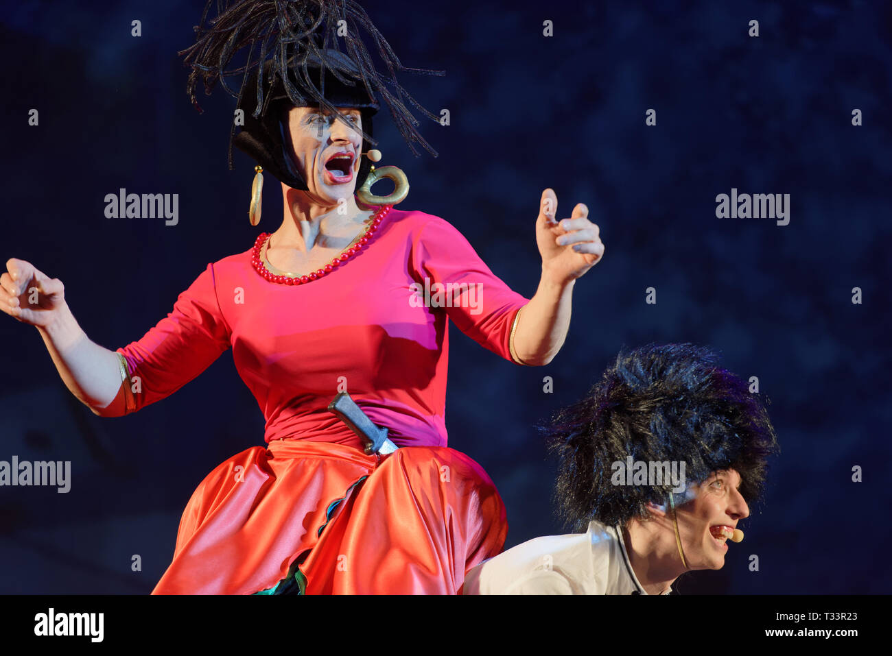 St. Petersburg, Russia - March 25, 2019: Igor Mosyuk as Robbers Ataman in the musical Town Musicians of Bremen during its press preview in Saint-Peter Stock Photo