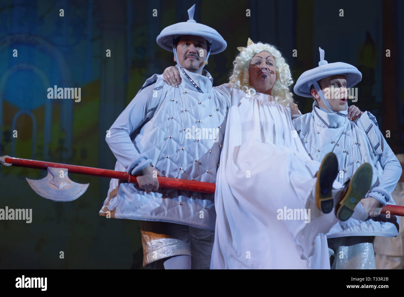 St. Petersburg, Russia - March 25, 2019: Oleg Kulikovich (center) as King in the musical Town Musicians of Bremen during its press preview in Saint-Pe Stock Photo