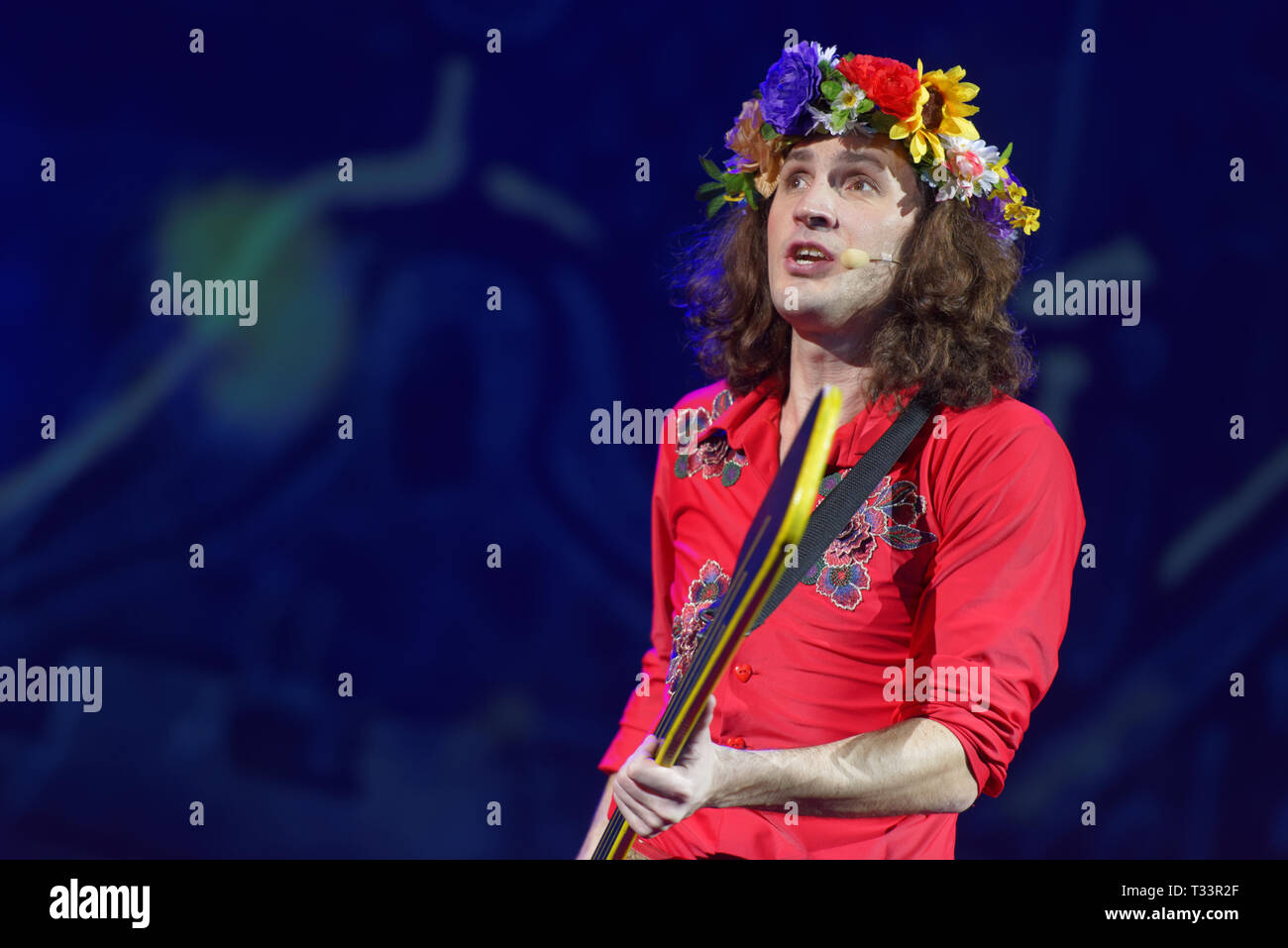 St. Petersburg, Russia - March 25, 2019: Alexander Chernyshev as Troubadour in the musical Town Musicians of Bremen during its press preview in Saint- Stock Photo