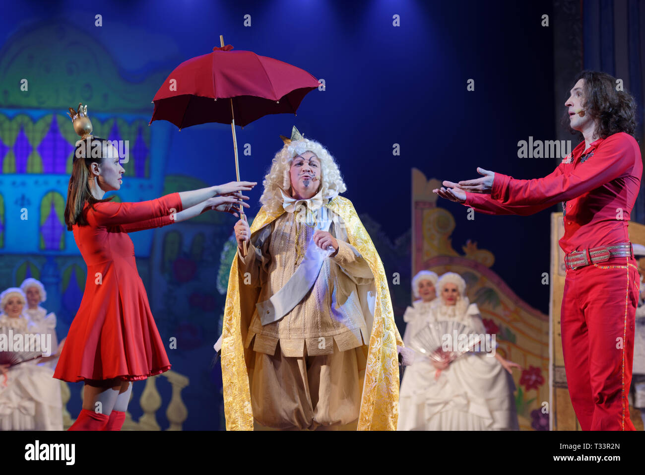 St. Petersburg, Russia - March 25, 2019: Actors perform in the musical Town Musicians of Bremen during its press preview in Saint-Petersburg theater M Stock Photo