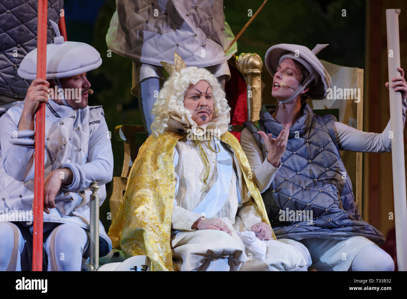 St. Petersburg, Russia - March 25, 2019: Oleg Kulikovich (center) as King in the musical Town Musicians of Bremen during its press preview in Saint-Pe Stock Photo