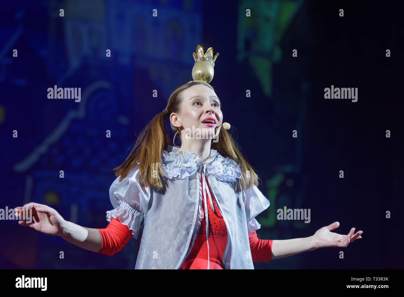 St. Petersburg, Russia - March 25, 2019: Julia Korovko as Princess in the musical Town Musicians of Bremen during its press preview in Saint-Petersbur Stock Photo