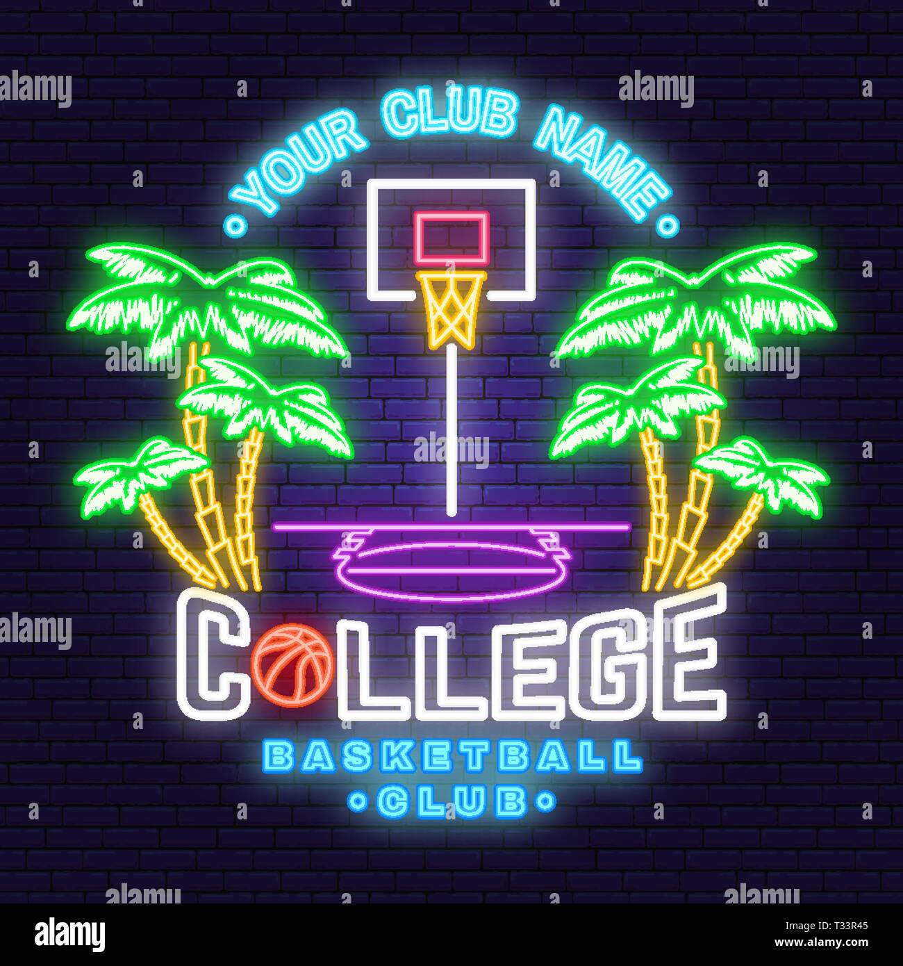 College Basketball Club Neon Design Or Emblem Vector Concept For