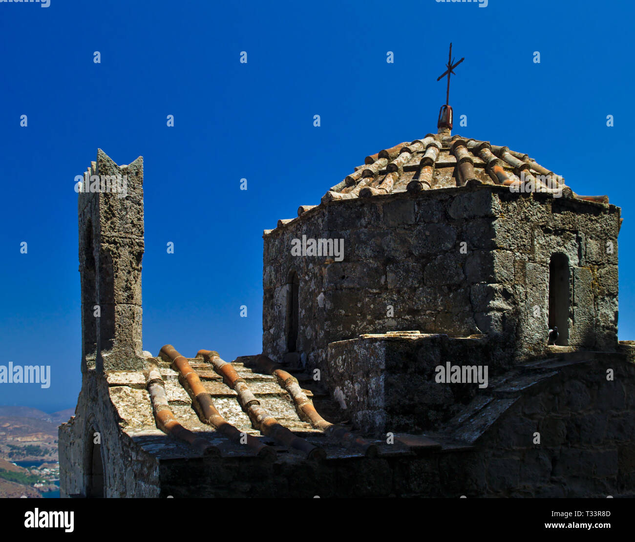 Stone chapel at Saint John the Evangelist monastery at Patmos island in Greece Stock Photo