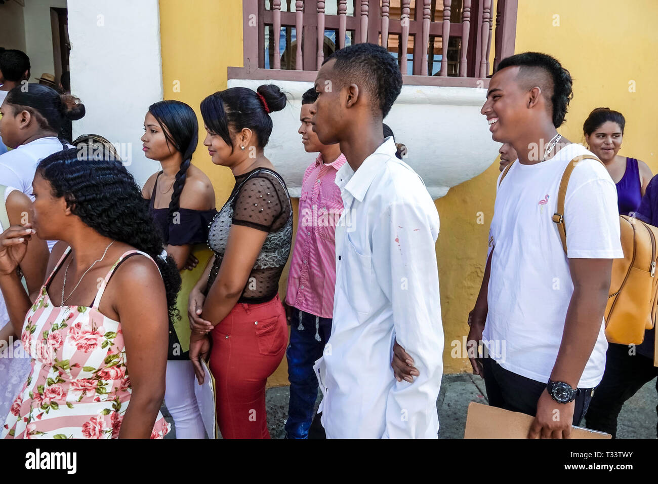 Cartagena Colombia,Center,centre,Getsemani,Escuela Taller Cartagena de Indias Trade School,student students,registration day,Hispanic Black,Afro Carib Stock Photo