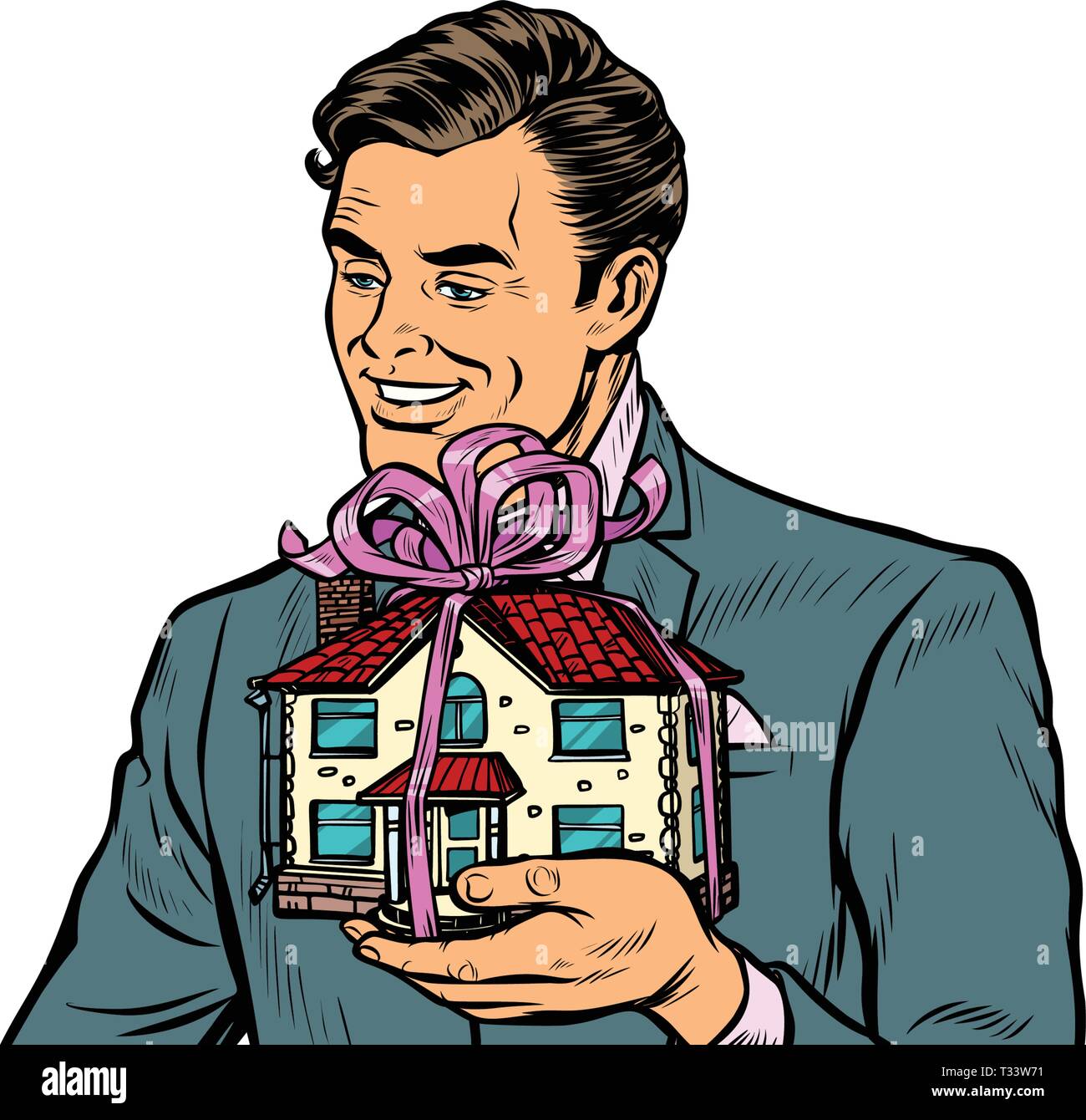 Businessman selling real estate, house as a gift. isolate on white background Pop art retro vector illustration drawing kitsch vintage Stock Vector