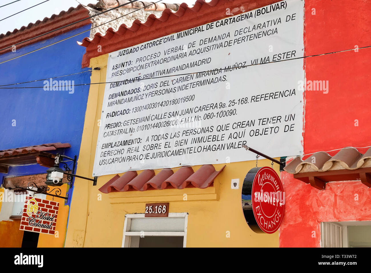 Cartagena Colombia,Center,centre,Getsemani,sign legal notice information civil action,Spanish language,visitors travel traveling tour tourist tourism Stock Photo