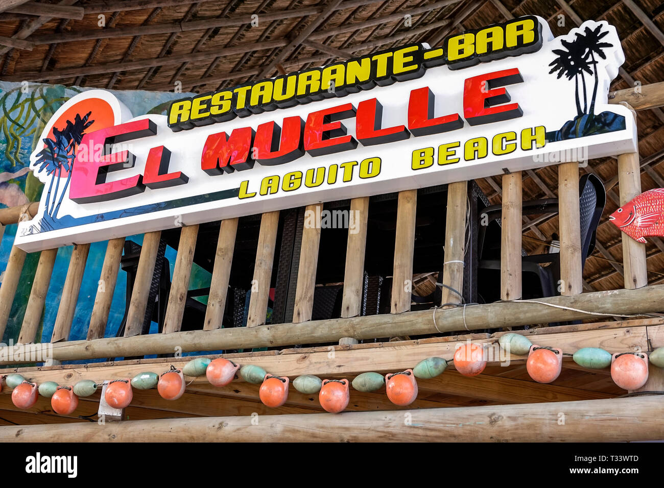 Cartagena Colombia,El Lagito,sign,El Muelle Restaurante Bar,restaurant restaurants food dining eating out cafe cafes bistro,Lagito Beach,sign,coastal Stock Photo