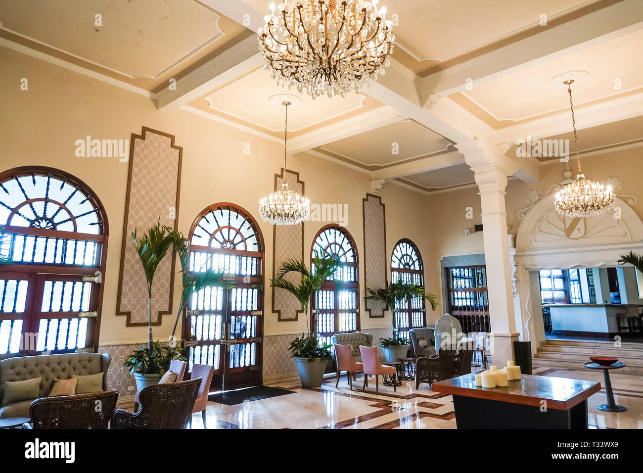 Cartagena Colombia,Bocagrande,Hotel Caribe,hotel,inside interior,upscale luxury,lobby interior chandeliers,arched windows,colonial architecture,COL190 Stock Photo