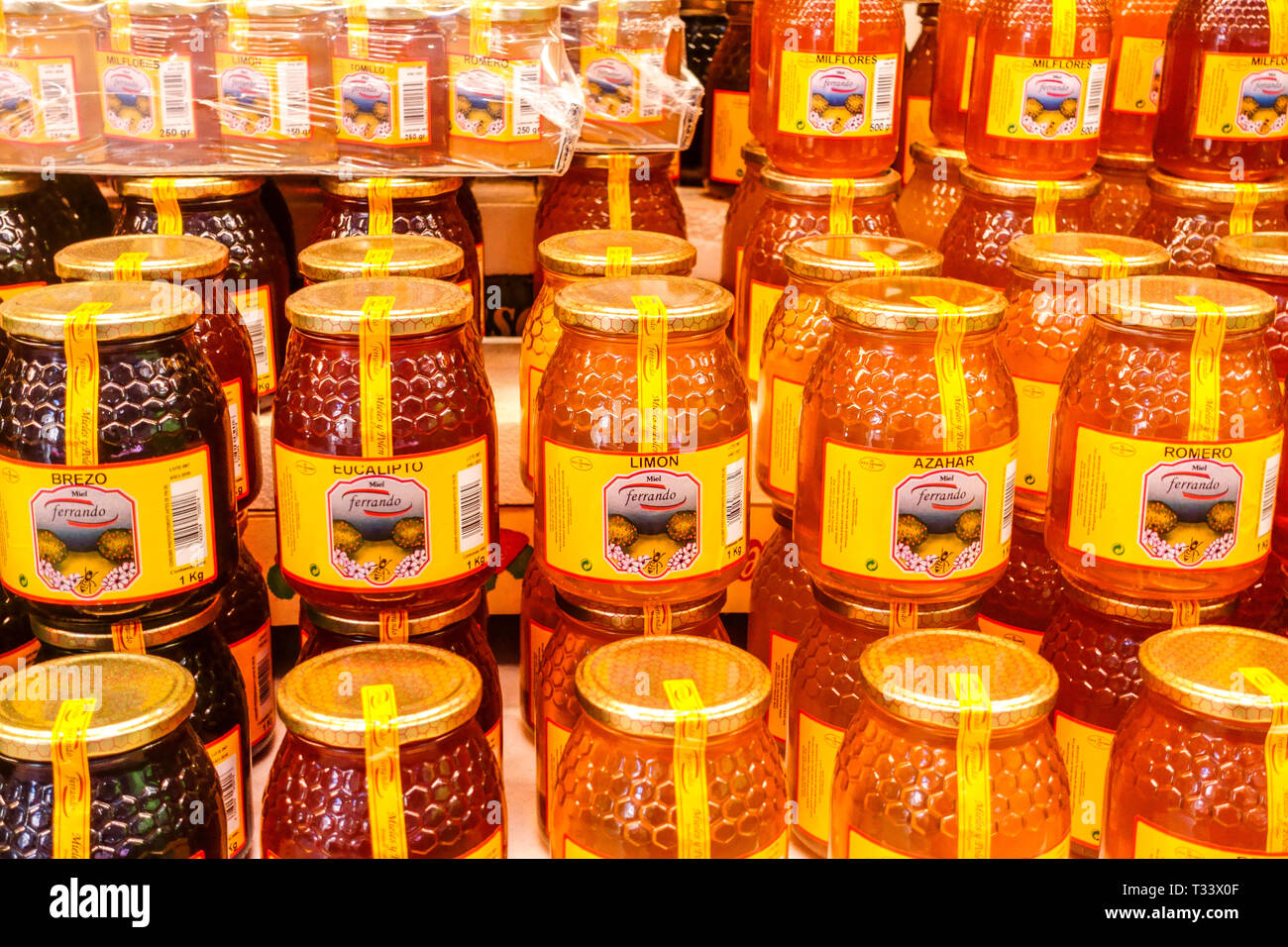 Product of Valencia, Spanish honey in jars, Spain miel Stock Photo