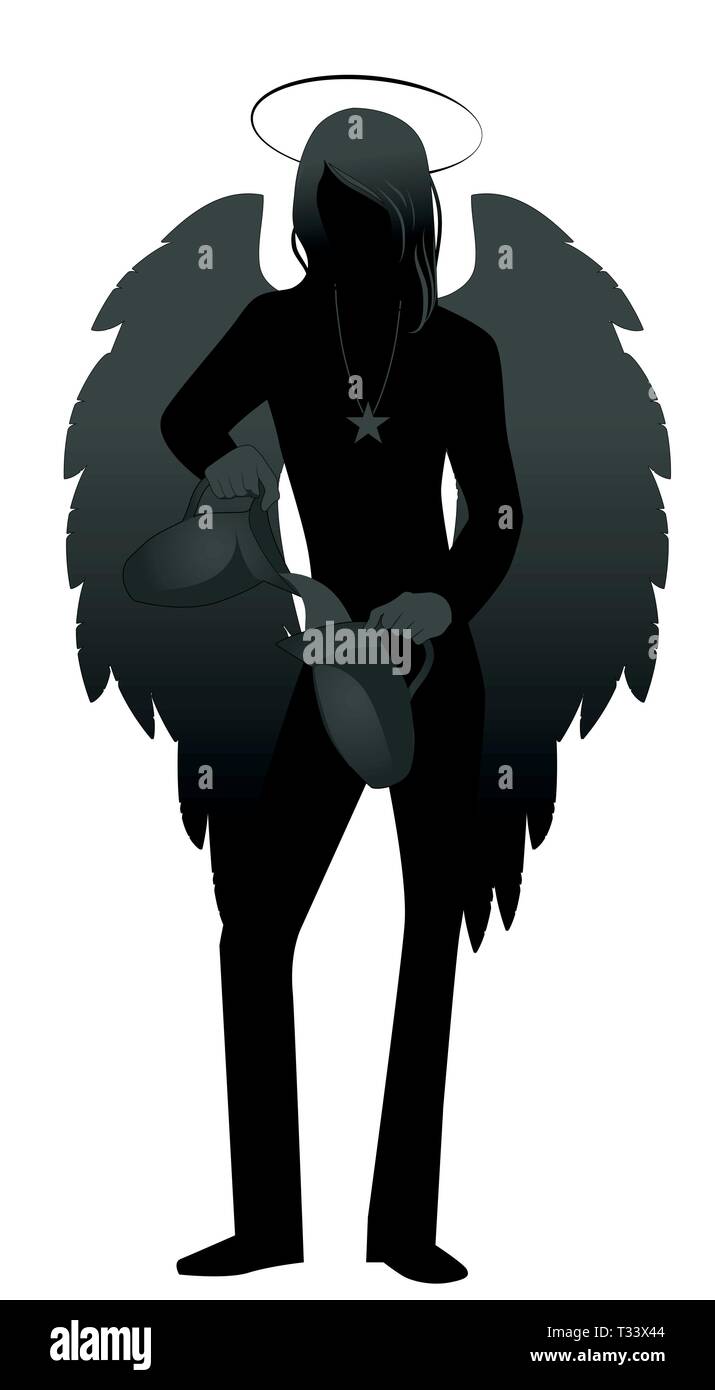 Silhouette of angel with appearance and clothes of young man, great wings, hair fair, pouring water from one jug to another. Isolated on white backgro Stock Vector