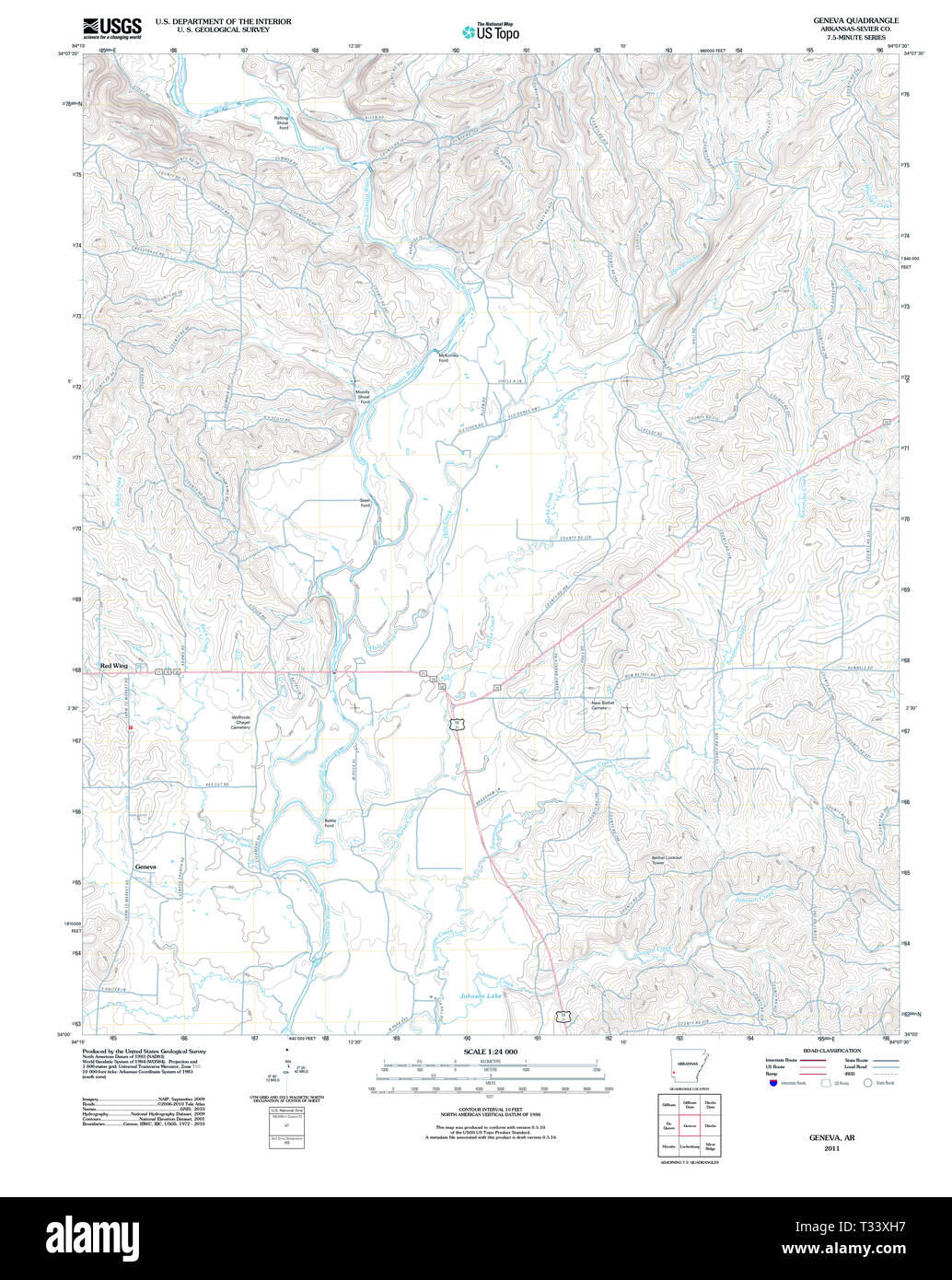 USGS TOPO Map Arkansas AR Geneva 20110812 TM Restoration Stock Photo