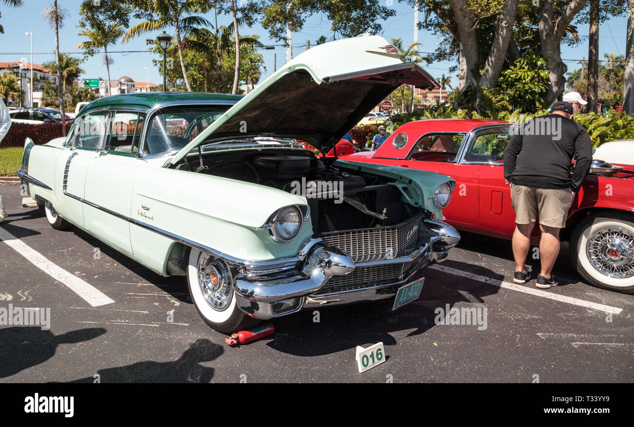 Naples, Florida, USA – March 23, 2019: Mint green 1956 Cadillac at the 32nd Annual Naples Depot Classic Car Show in Naples, Florida. Editorial only. Stock Photo
