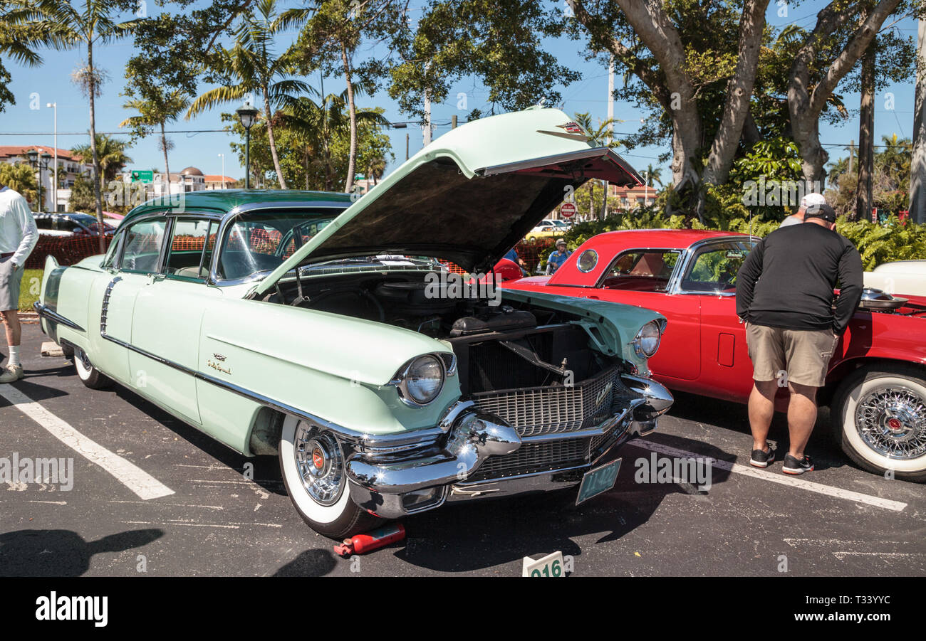 Naples, Florida, USA – March 23, 2019: Mint green 1956 Cadillac at the 32nd Annual Naples Depot Classic Car Show in Naples, Florida. Editorial only. Stock Photo