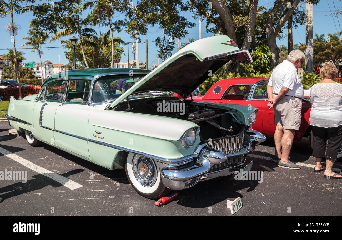 Naples, Florida, USA – March 23, 2019: Mint green 1956 Cadillac at the 32nd Annual Naples Depot Classic Car Show in Naples, Florida. Editorial only. Stock Photo