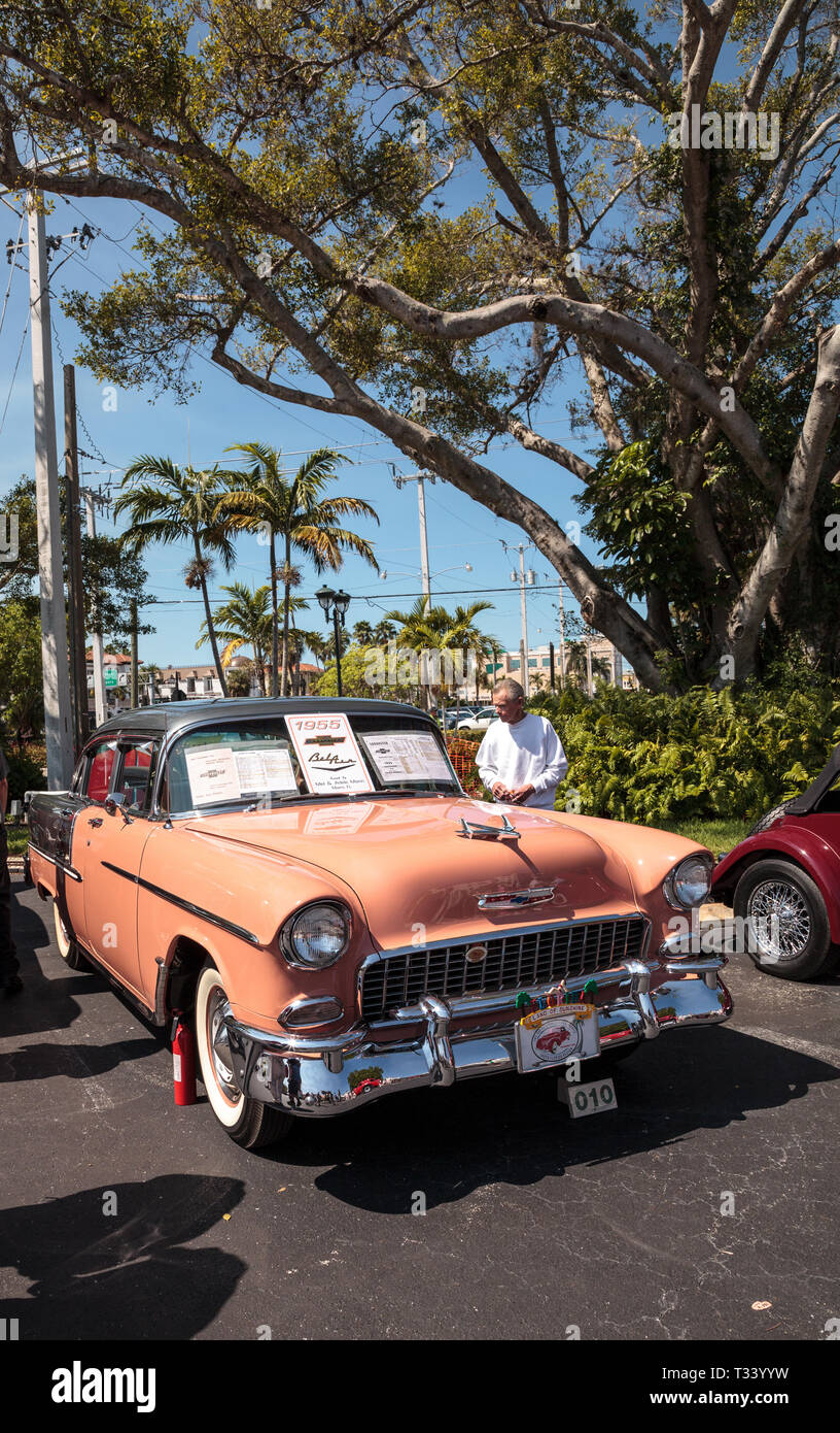 Naples, Florida, USA March 23,2019 Peach 1955 Chevrolet Bel Air at