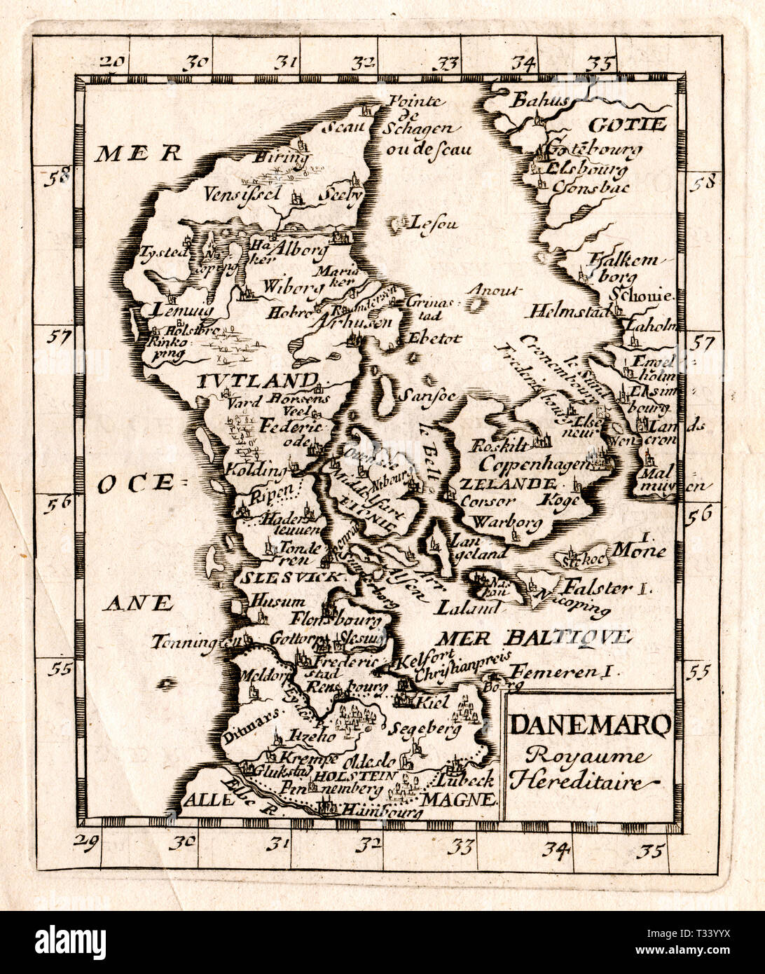 Antique Map of Denmark by Pierre Duval, published in Paris, 1682 Stock Photo