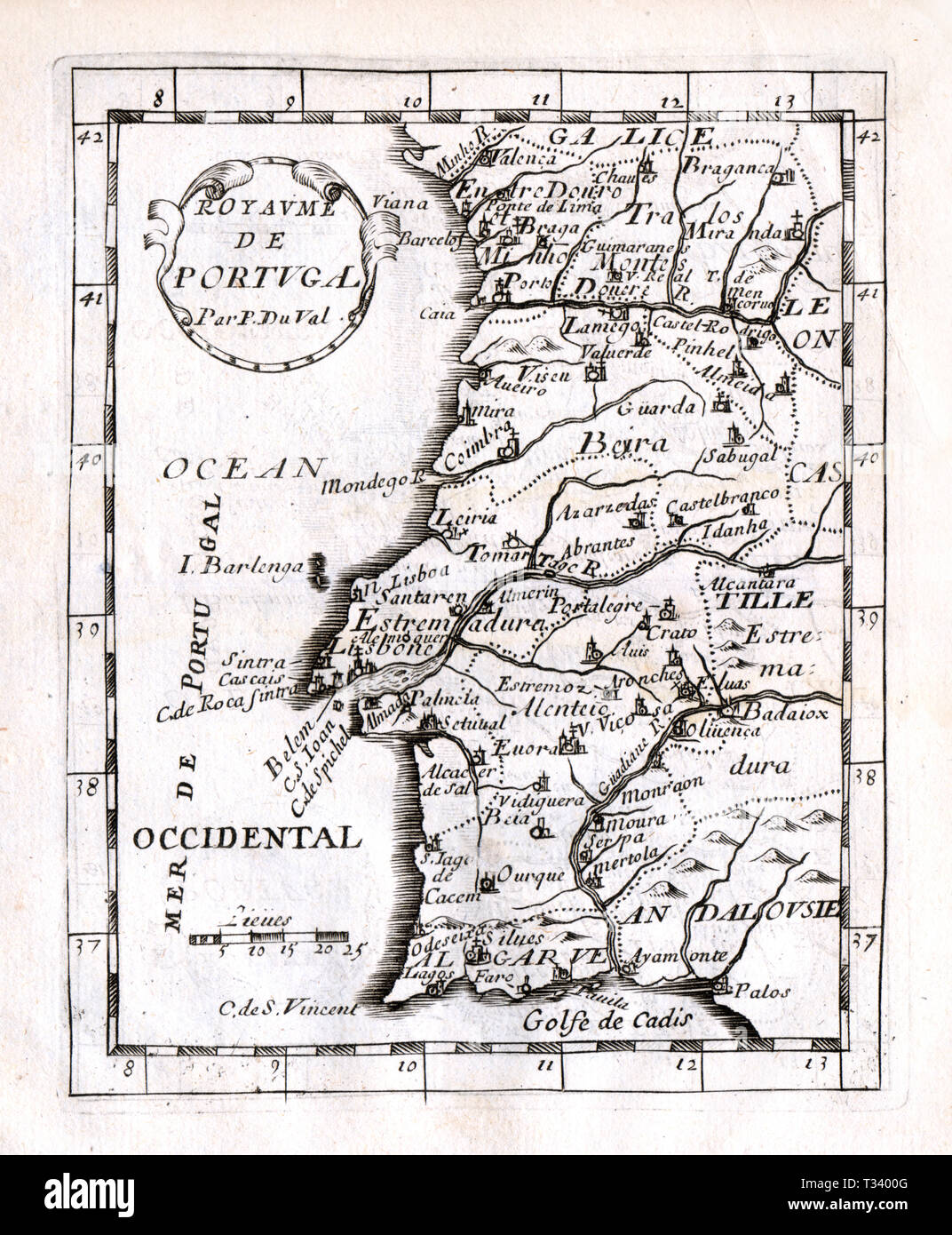 Antique Map of Portugal by Pierre Duval, published in Paris, 1682 Stock Photo