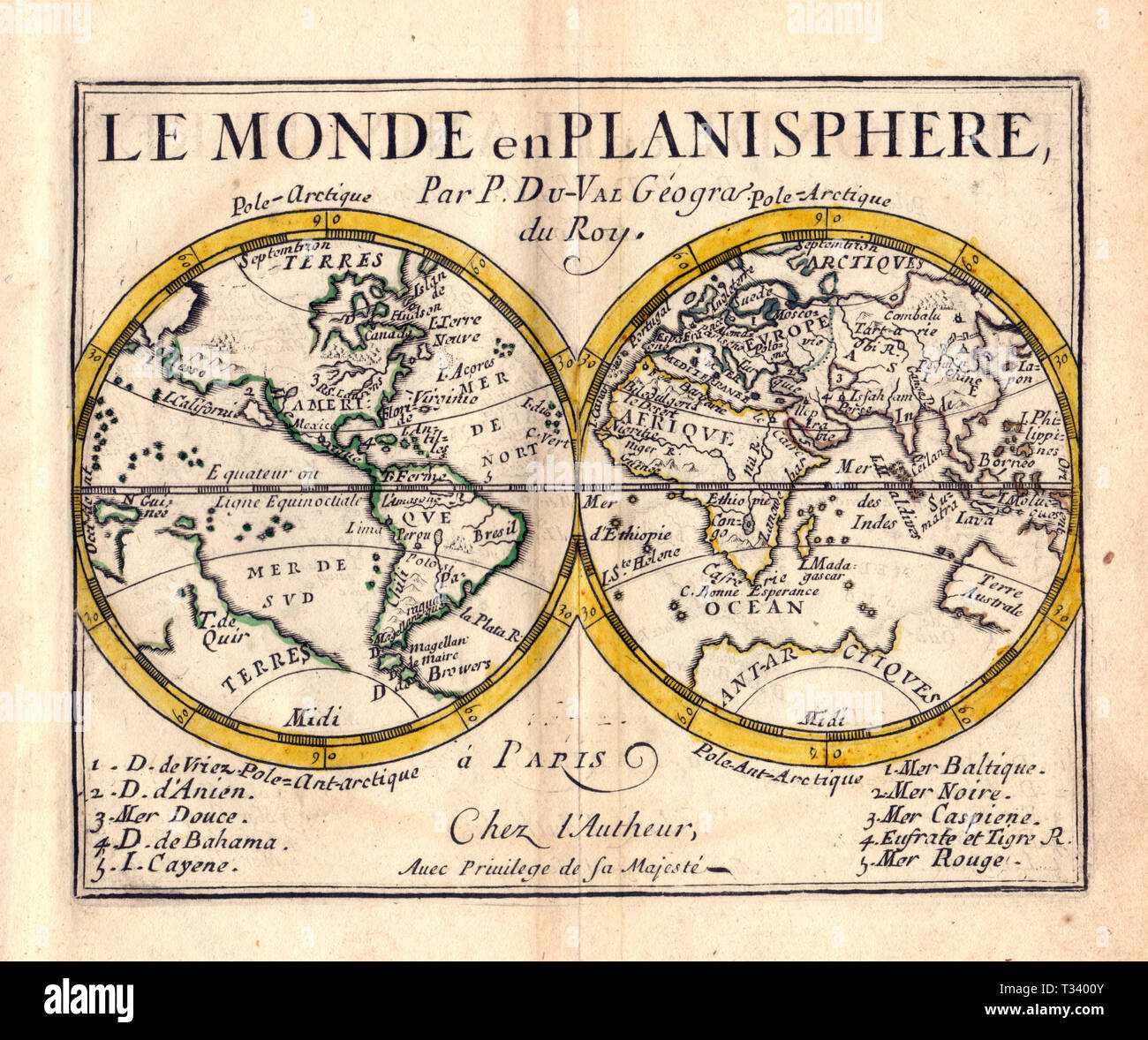 Antique Map of the World in Hemispheres by Pierre Duval, published in Paris, 1682 Stock Photo