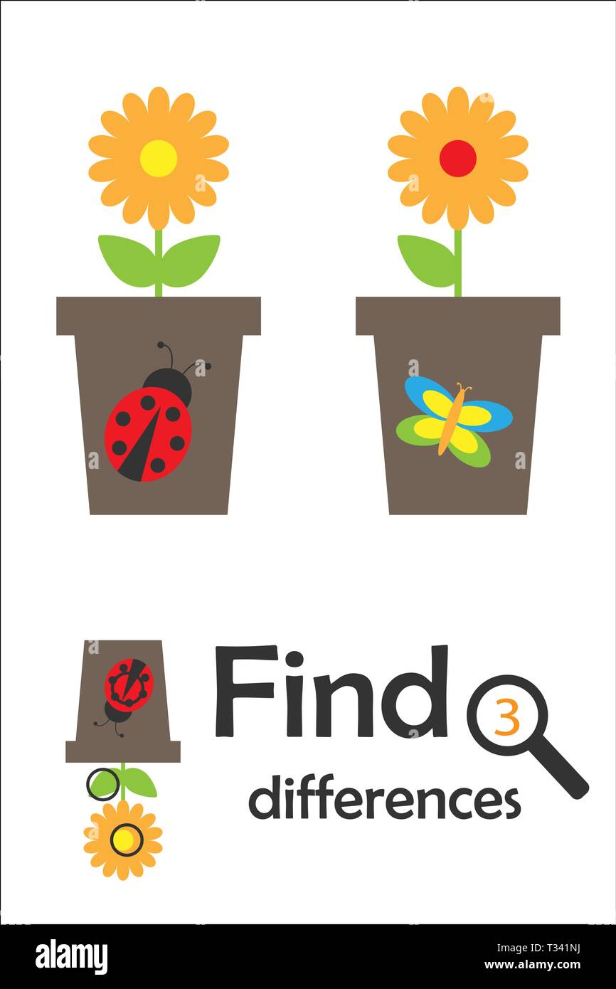find 3 differences, game for children, pot with flower in cartoon