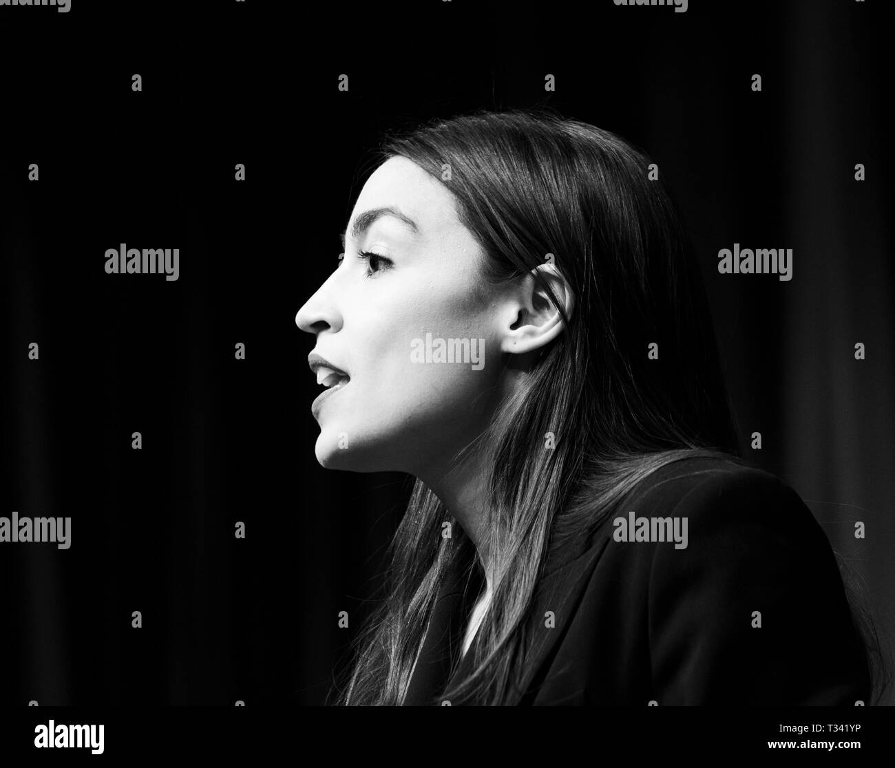New York, NY - April 5, 2019: US Congresswoman Alexandria Ocasio-Cortez speaks during National Action Network 2019 convention at Sheraton Times Square. Stock Photo