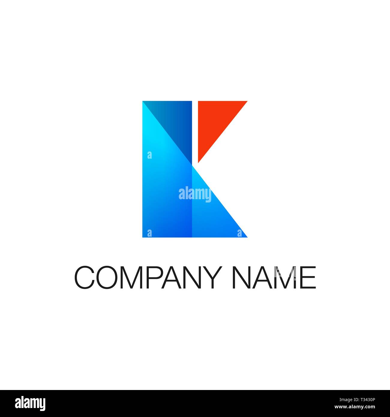 Logotype. Geometric shapes rectangle and triangle blue and red colors as letter K. Vector illustration isolated on white Stock Vector
