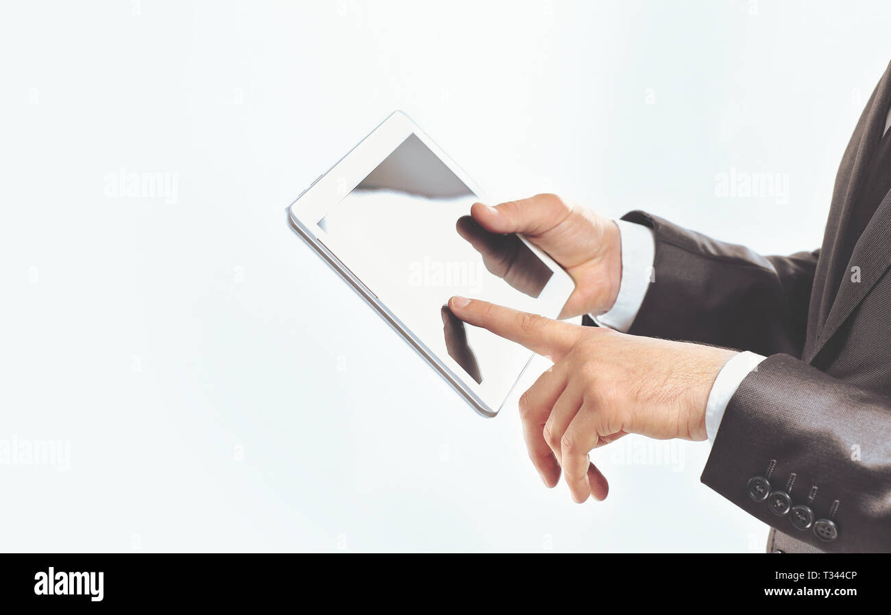 close up.businessman using digital tablet.isolated on white Stock Photo
