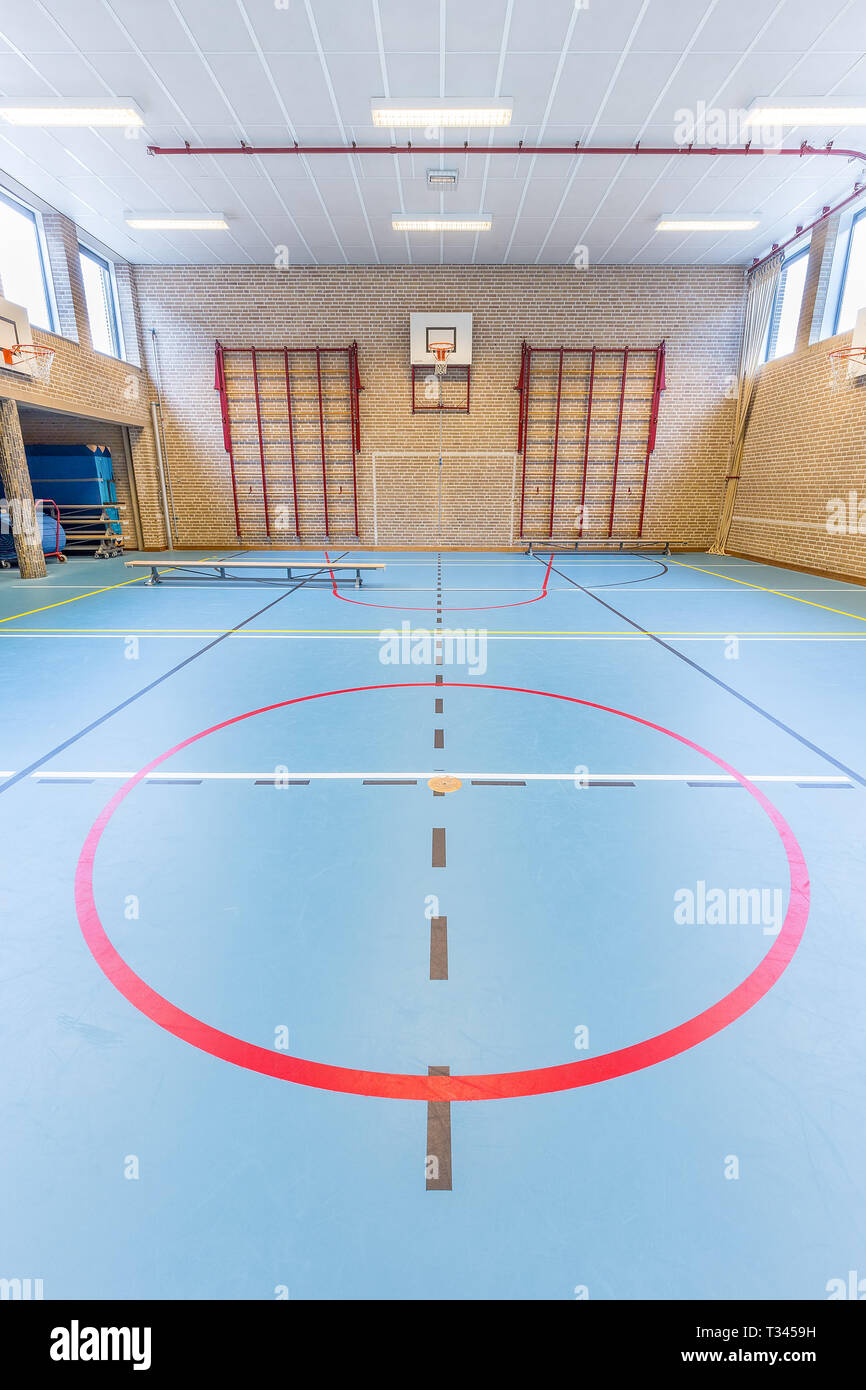 Empty european gym class for sports lessons no people Stock Photo