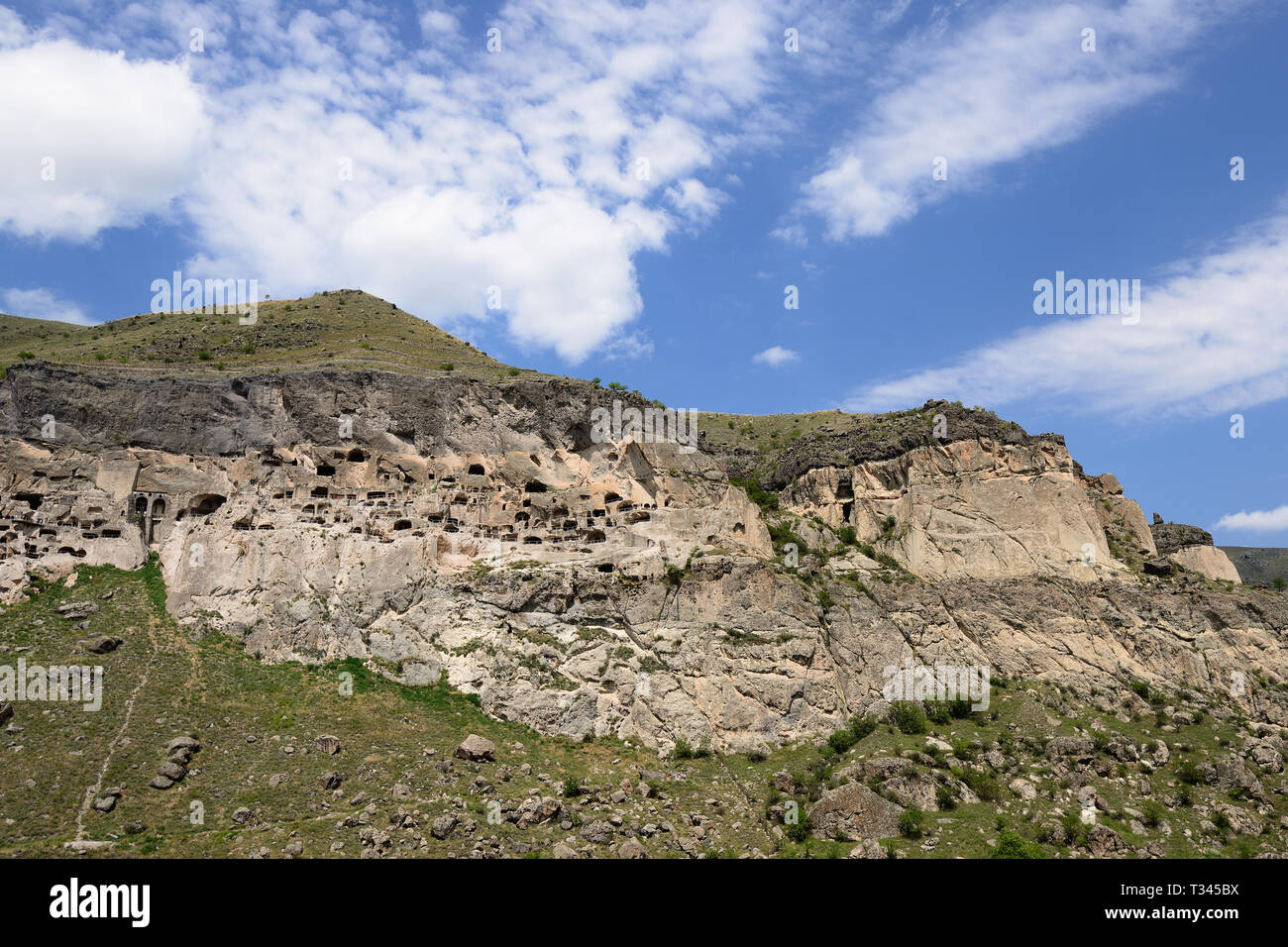 Viev on the Vardzia cave monastery and ancient city in mountain rocks, one of the main attraction in Georgia, UNESCO Stock Photo